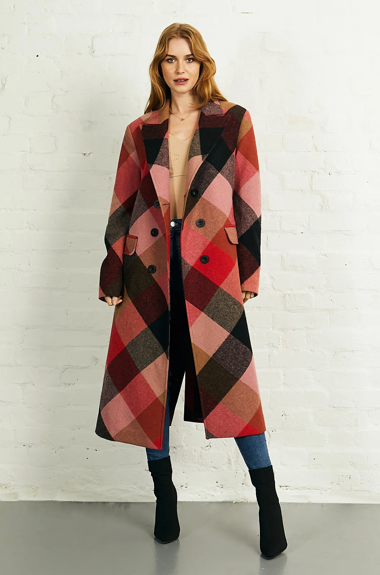 Double Breasted Long Coat in Bias Red Check