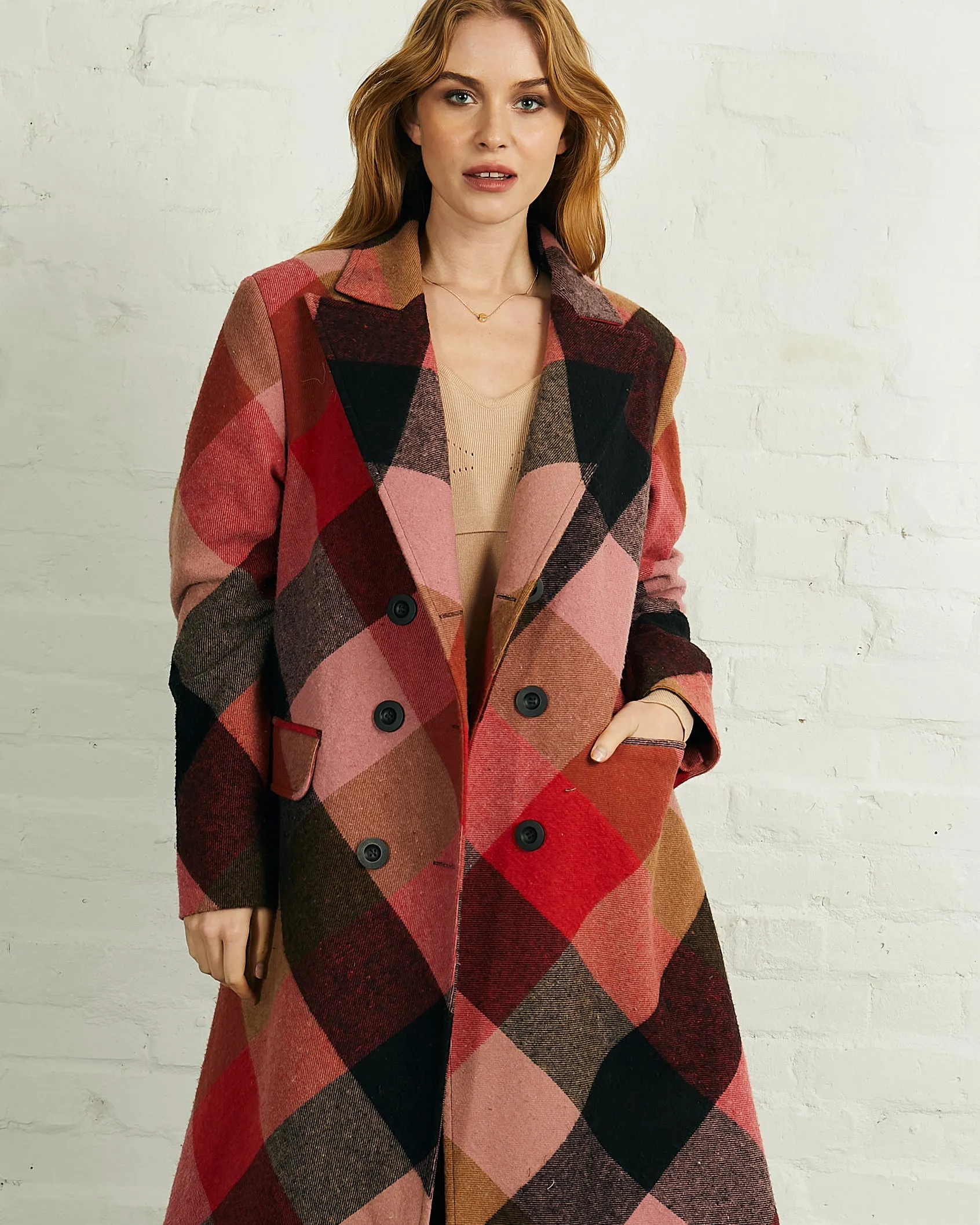 Double Breasted Long Coat in Bias Red Check