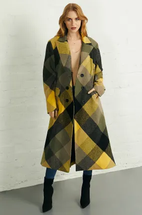 Double Breasted Long Coat in Yellow Black Check