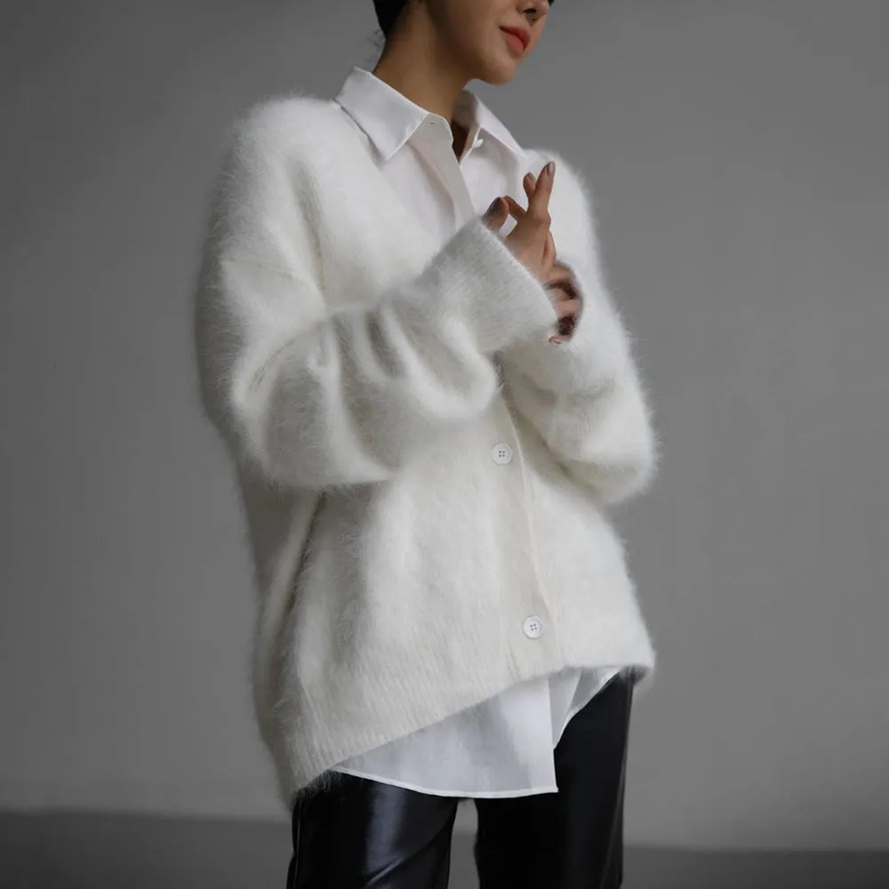 Fashionkova knitted Faux Mink Fur V-neck Knitted Cardigan for Women Autumn and Winter New Lazy Loose Long Sleeve Outer Sweater Coat