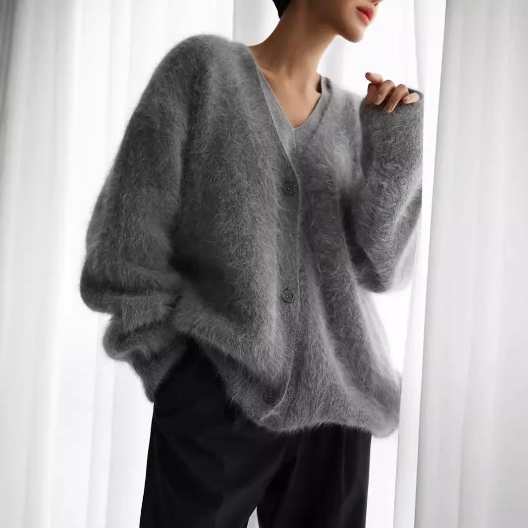 Fashionkova knitted Faux Mink Fur V-neck Knitted Cardigan for Women Autumn and Winter New Lazy Loose Long Sleeve Outer Sweater Coat