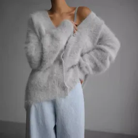 Fashionkova knitted Faux Mink Fur V-neck Knitted Cardigan for Women Autumn and Winter New Lazy Loose Long Sleeve Outer Sweater Coat