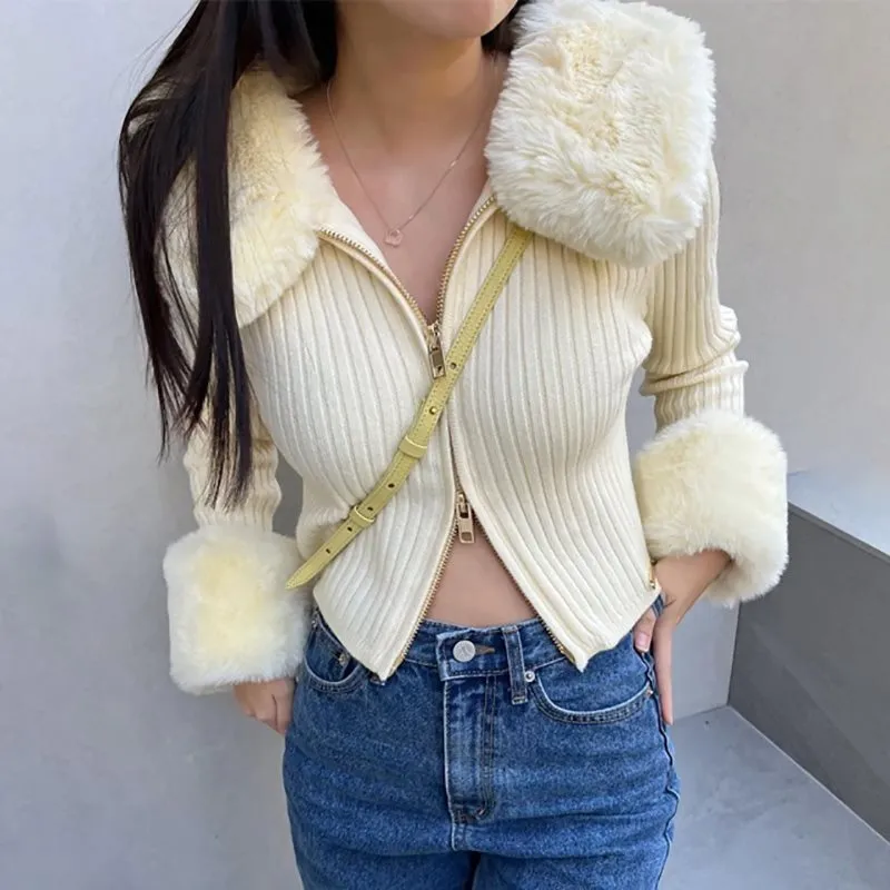 Fashionkova winter outfits men Gusty New Preppy Style Girl Slim-Fit Fur Collar Sweater Hot Girl Two-Head Zipper Design Warm Sweater