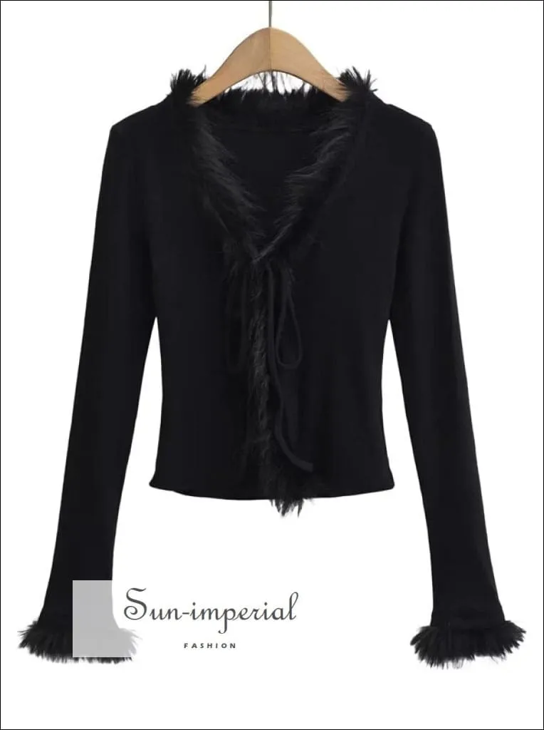 Faux Fur Neckline Sweater With Cuff Tie Front Detail