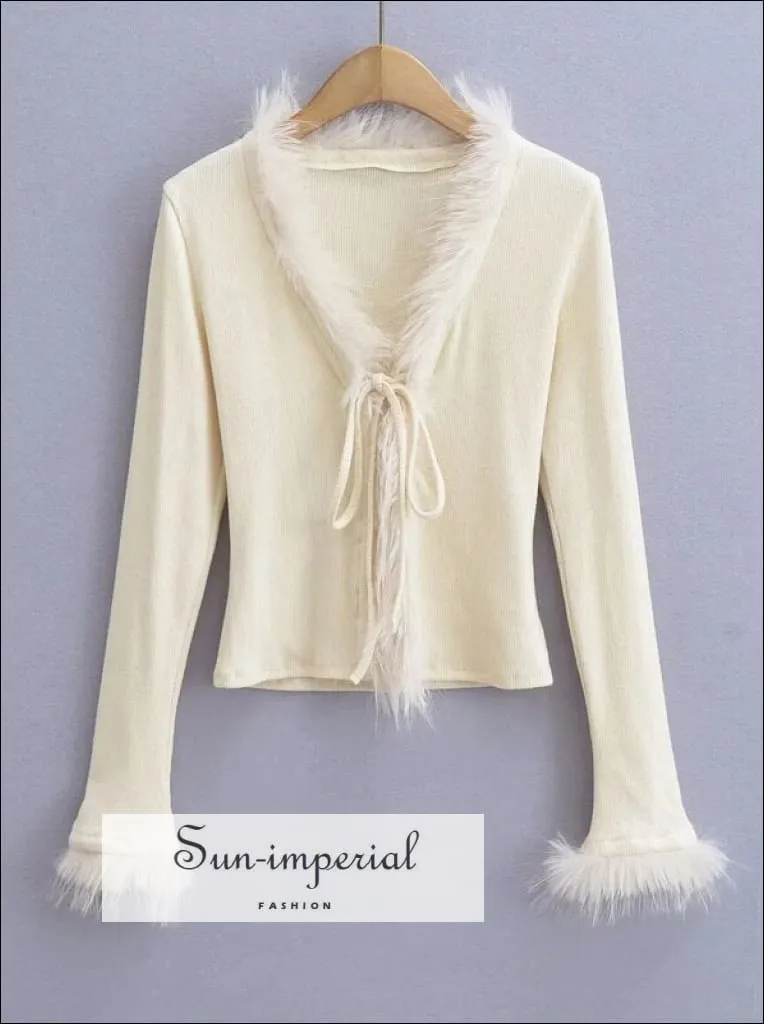 Faux Fur Neckline Sweater With Cuff Tie Front Detail