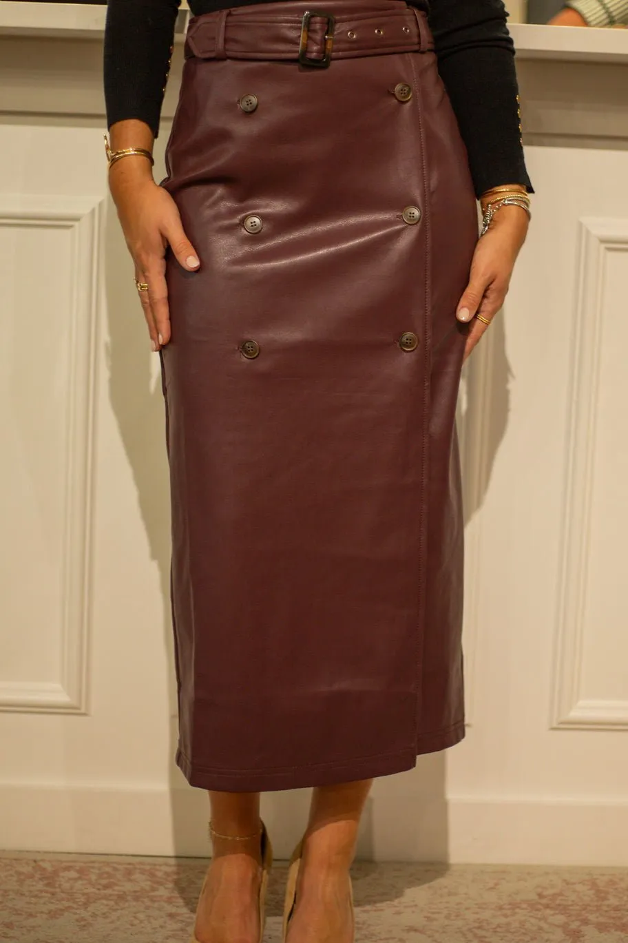 Faux Leather Midi Skirt With Belt