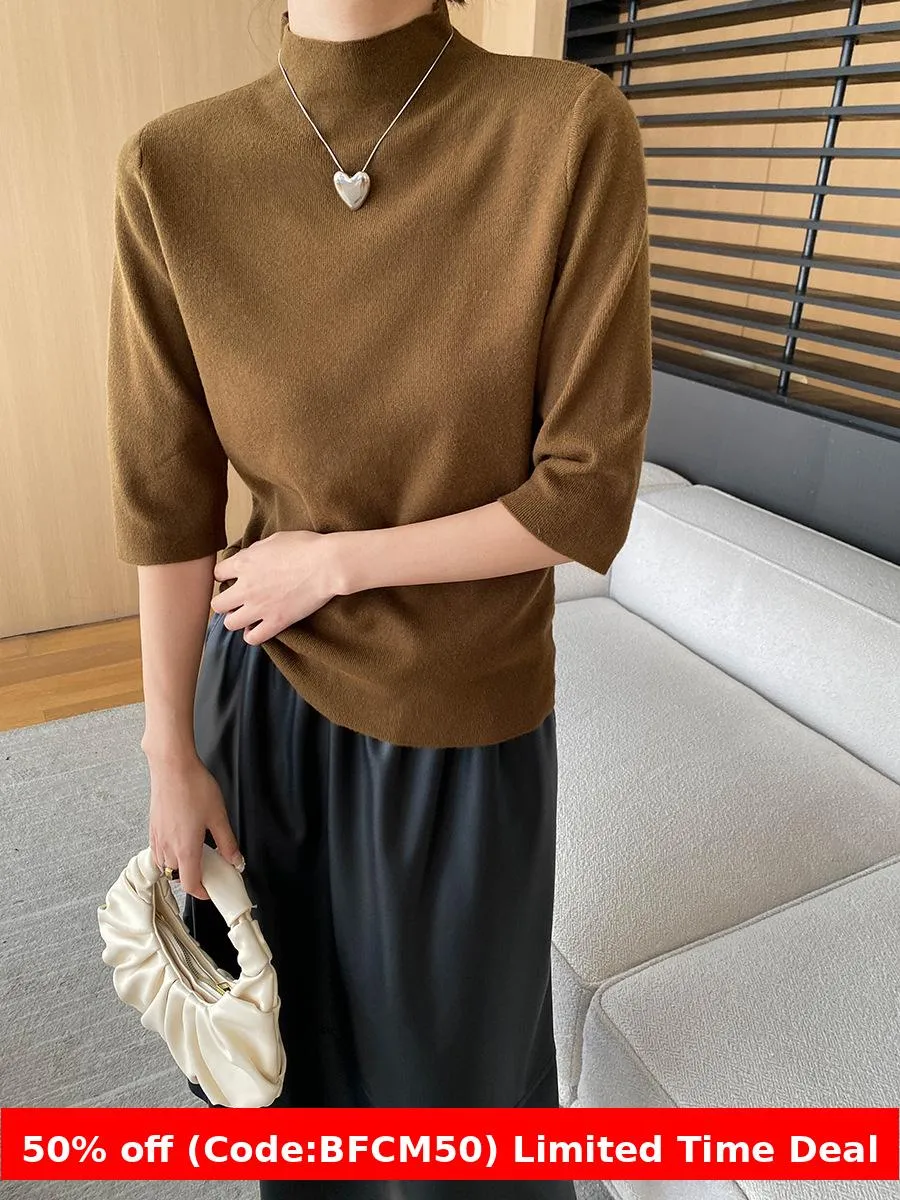 Flytonnshop brown fur boots outfit Sinan High-End Commuter Elegant Simple Half Turtleneck Shoulder Slimming 3/4 Sleeve Sweater Sn6269