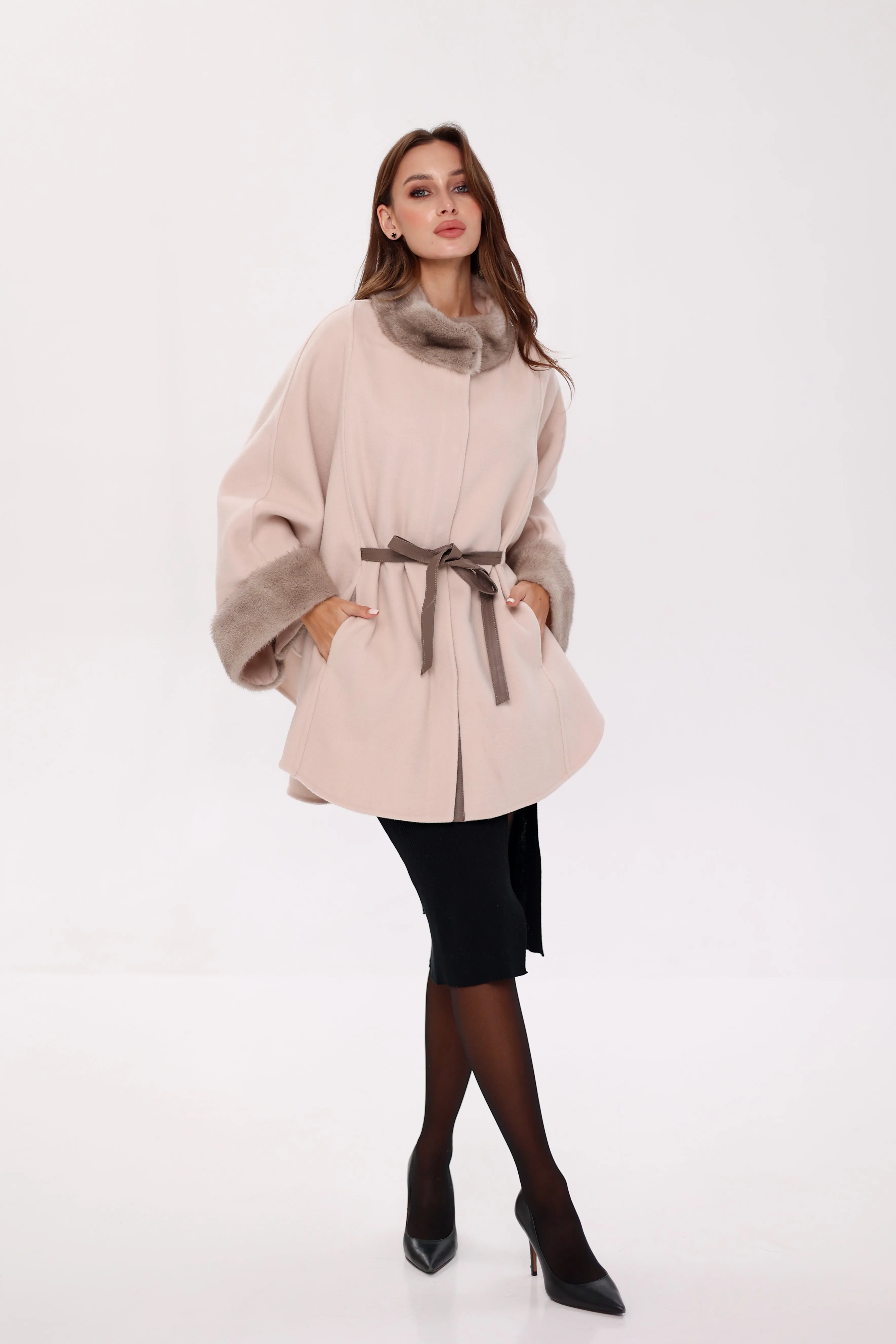 Genuine Mink Fur Double Face Wool Poncho