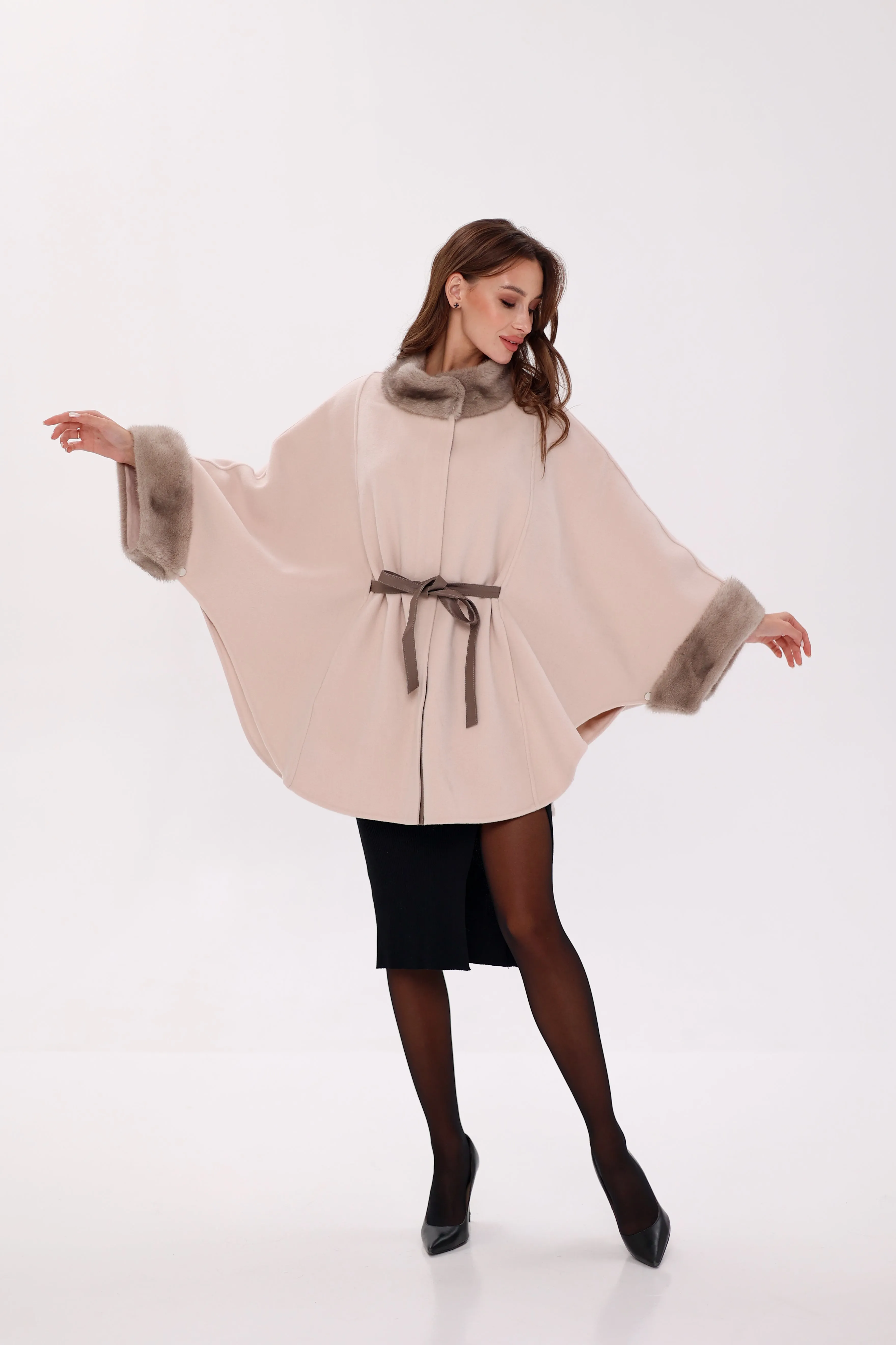 Genuine Mink Fur Double Face Wool Poncho