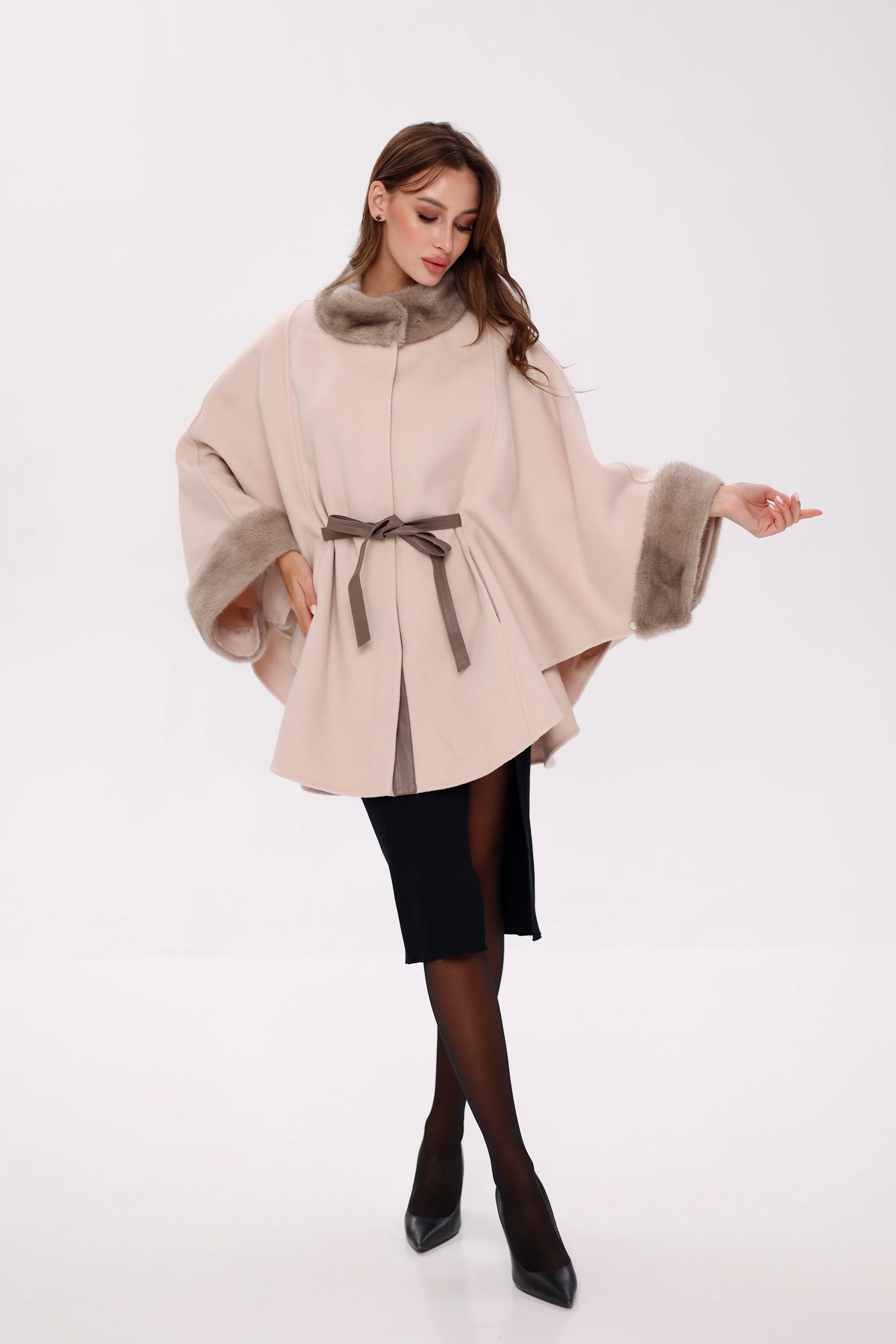 Genuine Mink Fur Double Face Wool Poncho