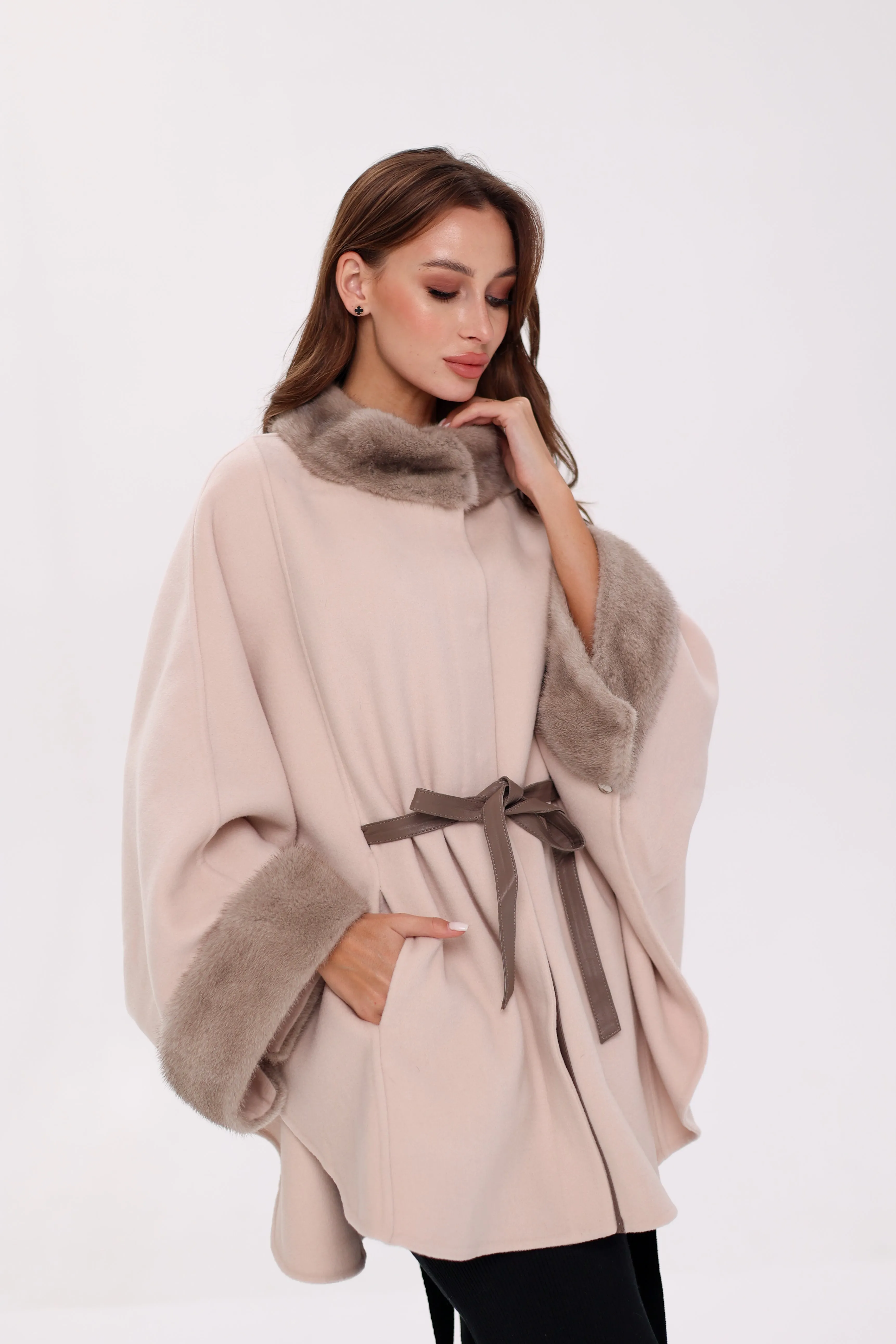 Genuine Mink Fur Double Face Wool Poncho