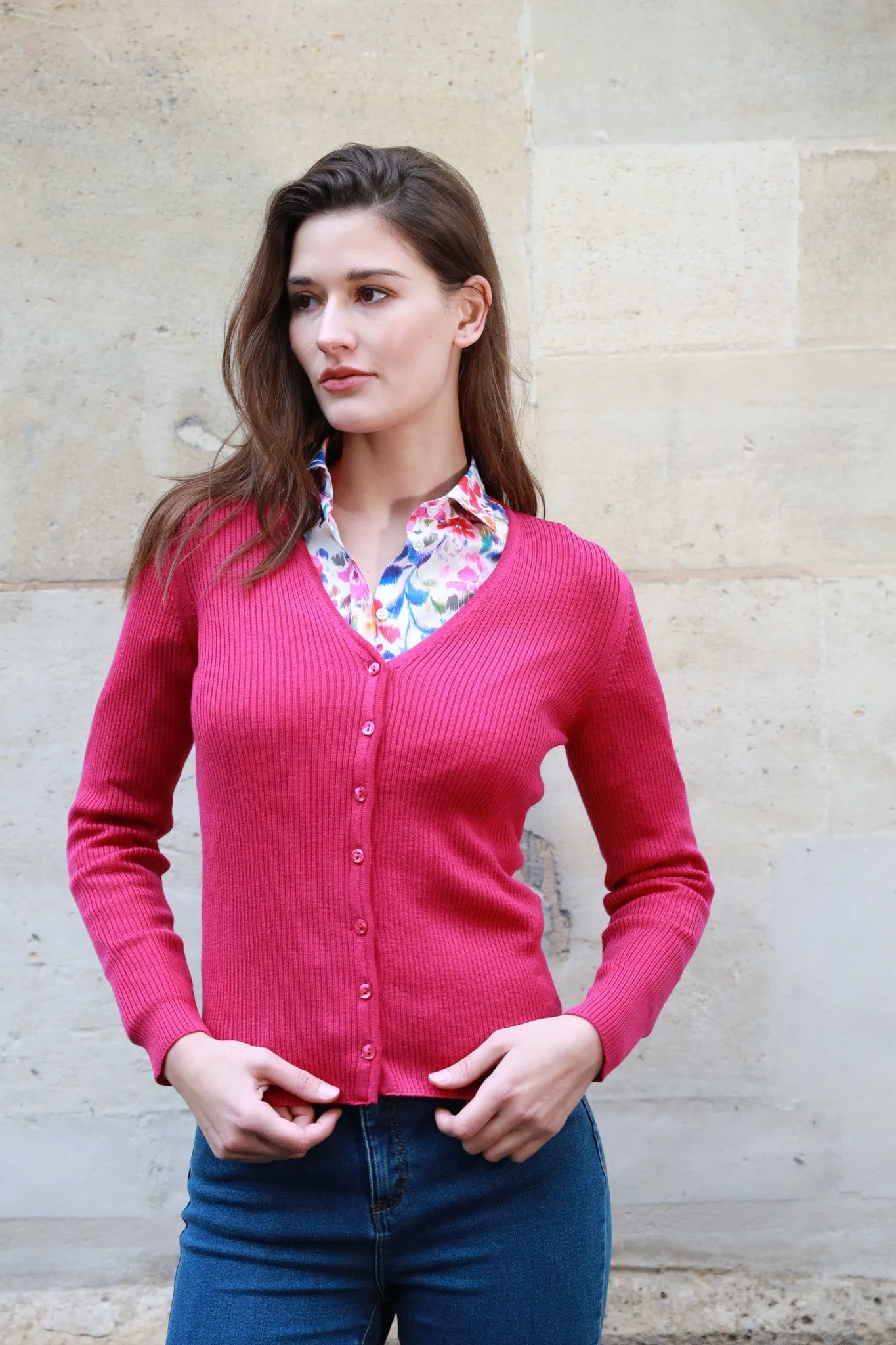 Gilet Agnès 100% laine mérinos - Rose