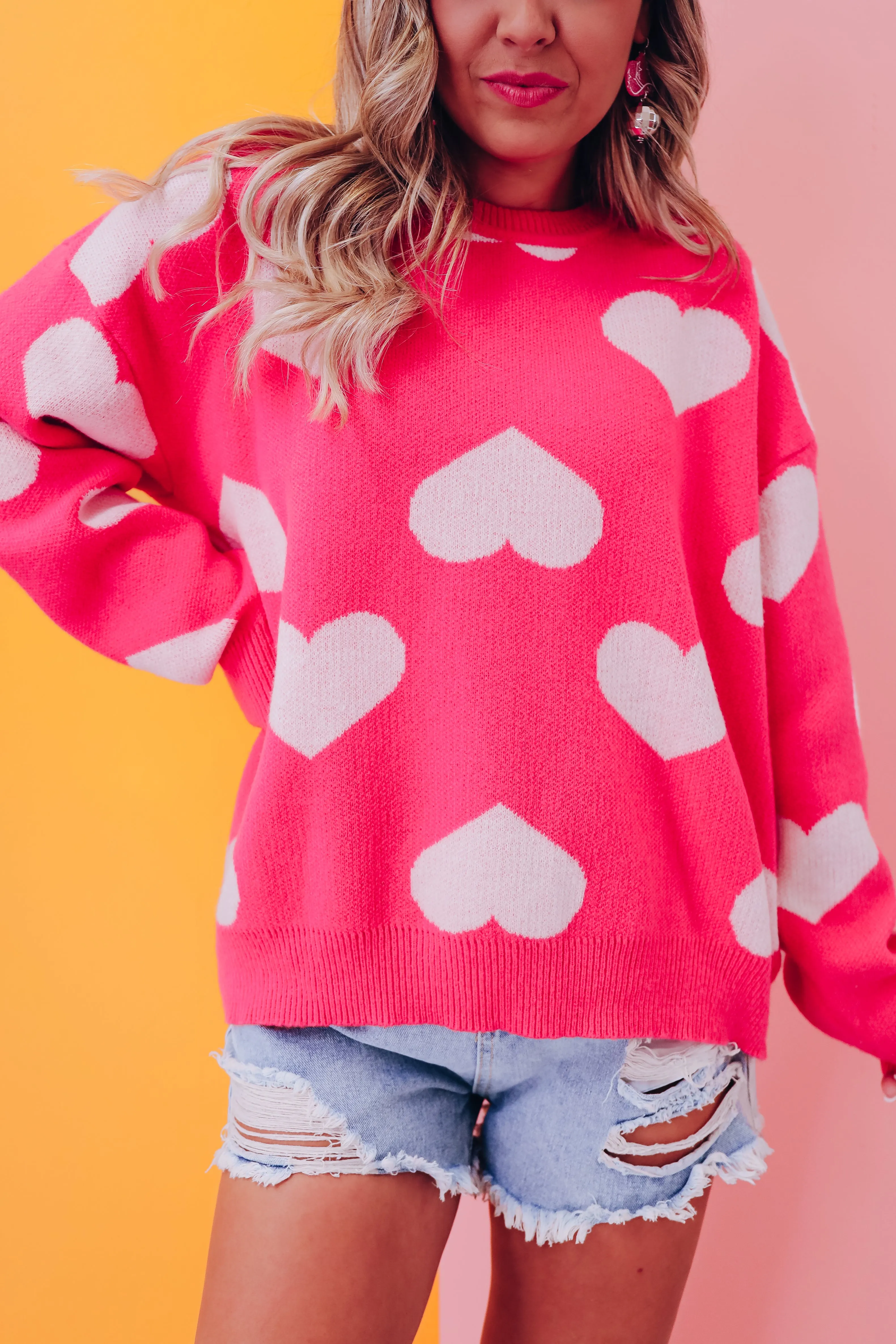 Harmony Heart Print Sweater - Pink/White