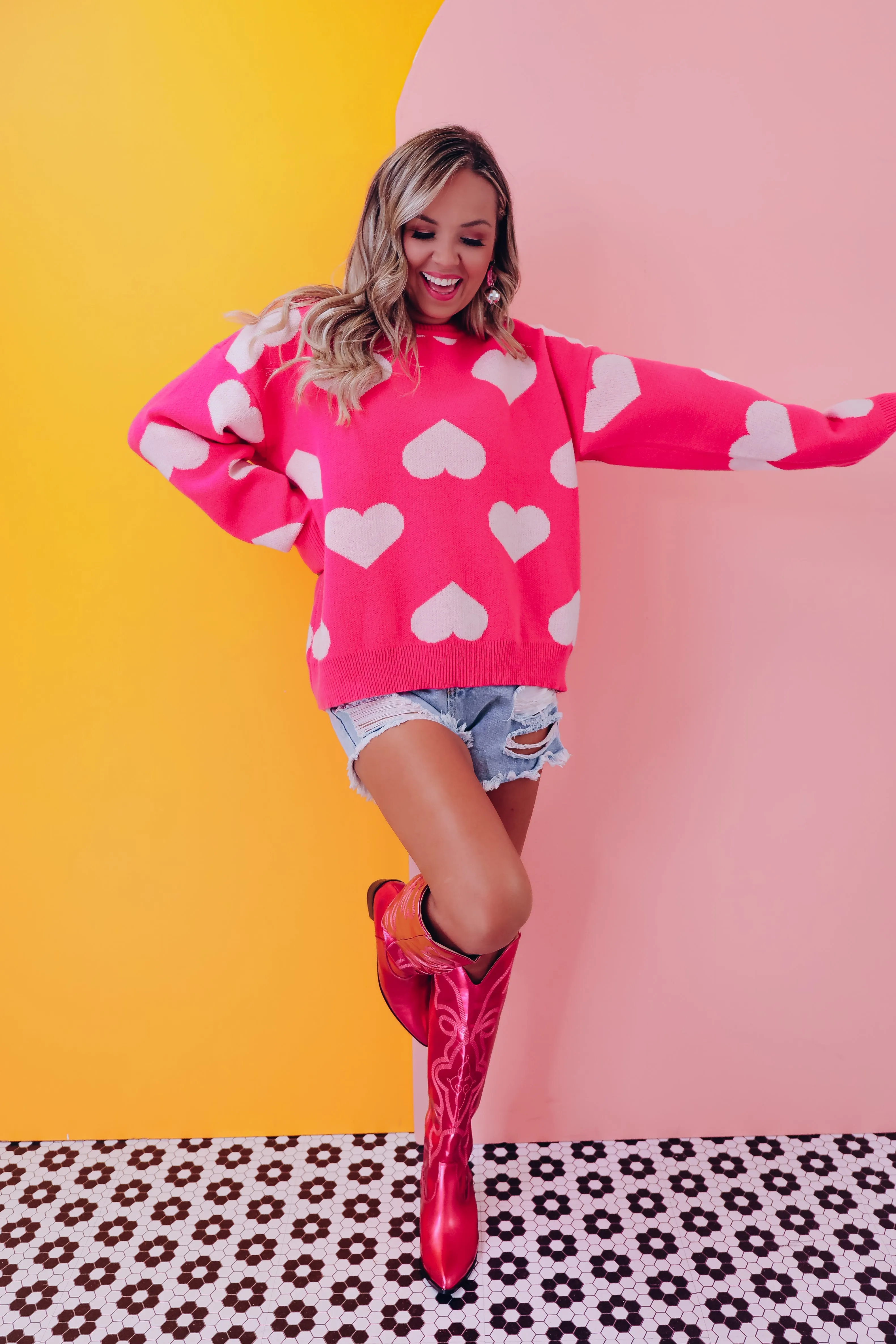 Harmony Heart Print Sweater - Pink/White