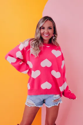 Harmony Heart Print Sweater - Pink/White