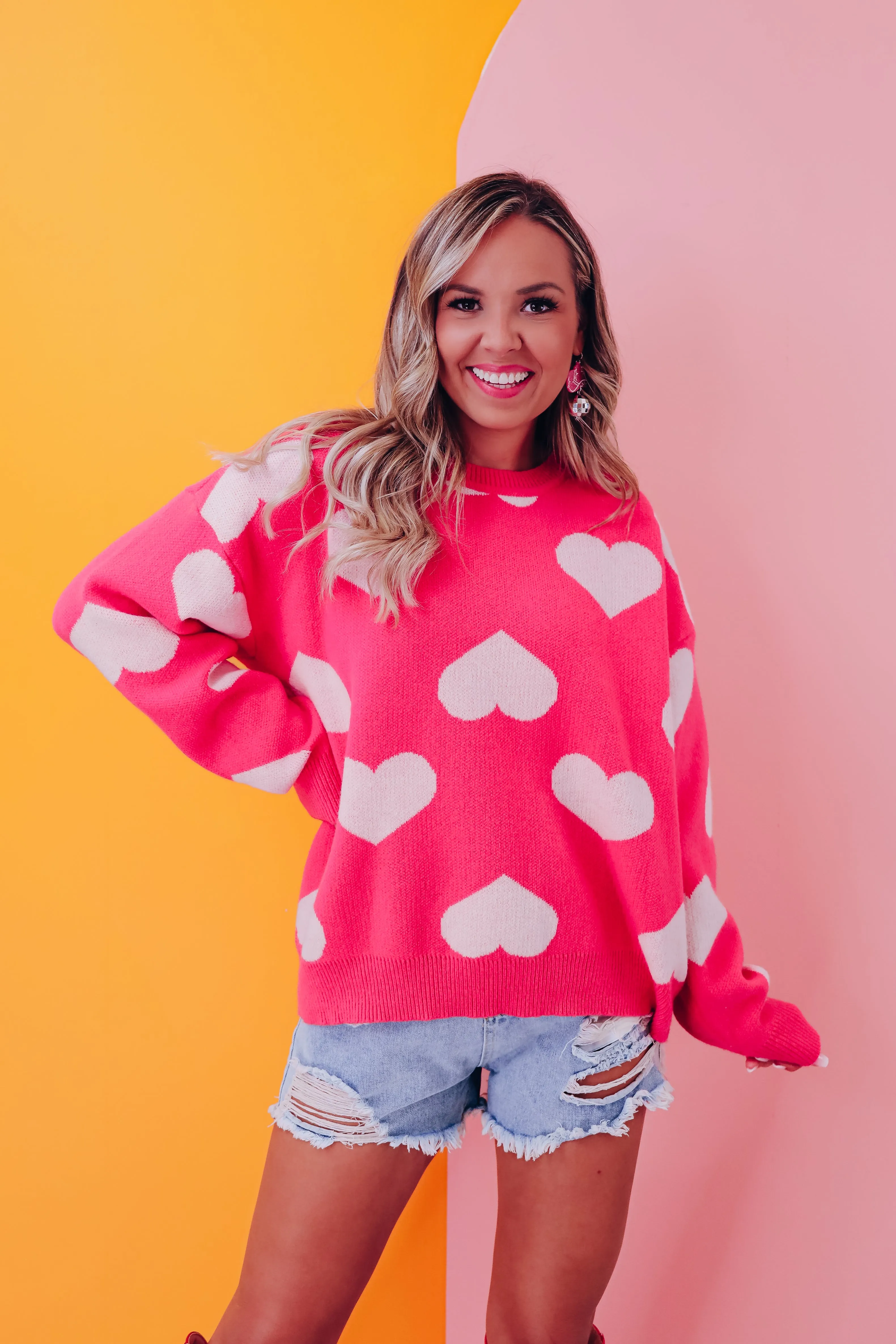 Harmony Heart Print Sweater - Pink/White