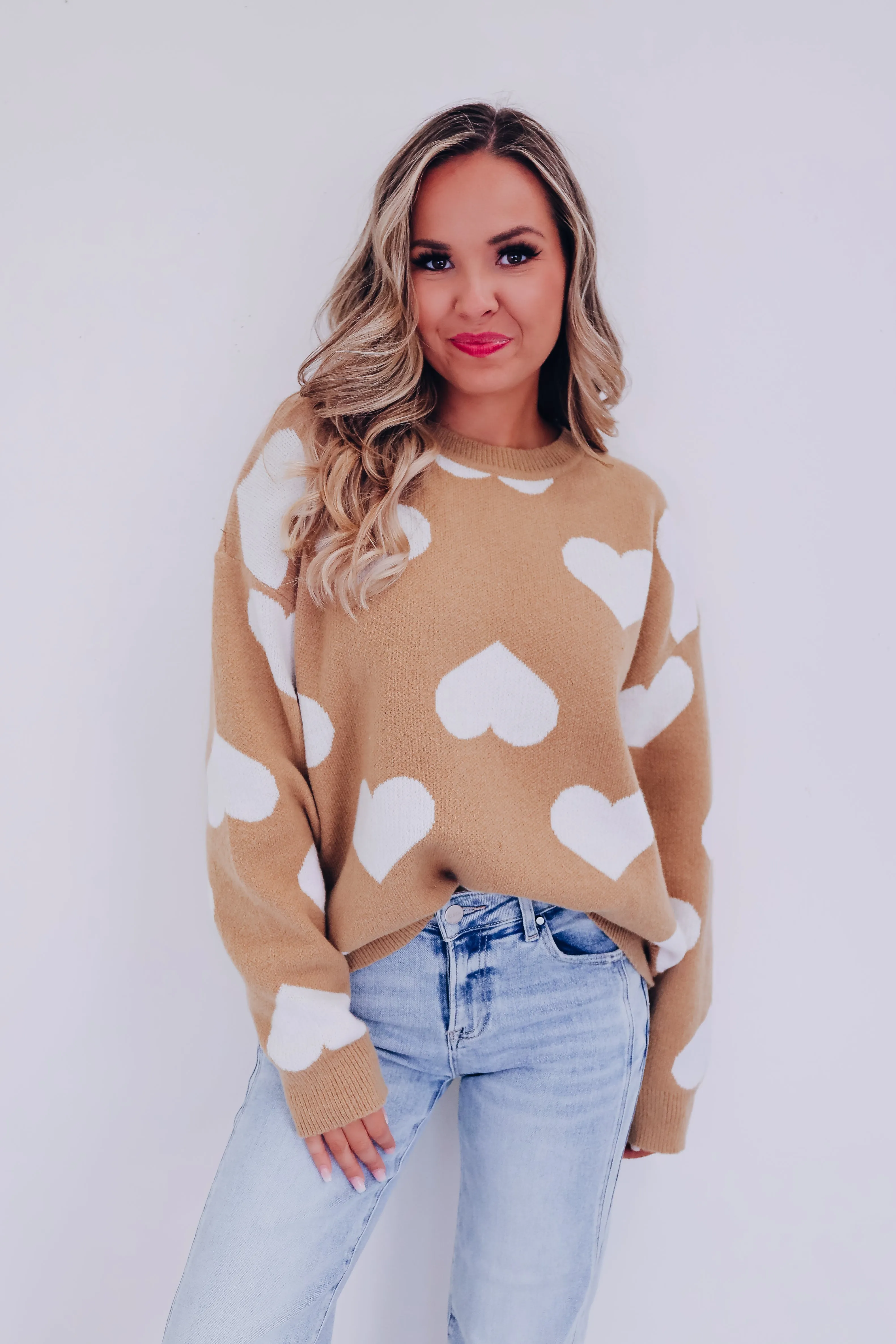 Harmony Heart Print Sweater - Taupe/White