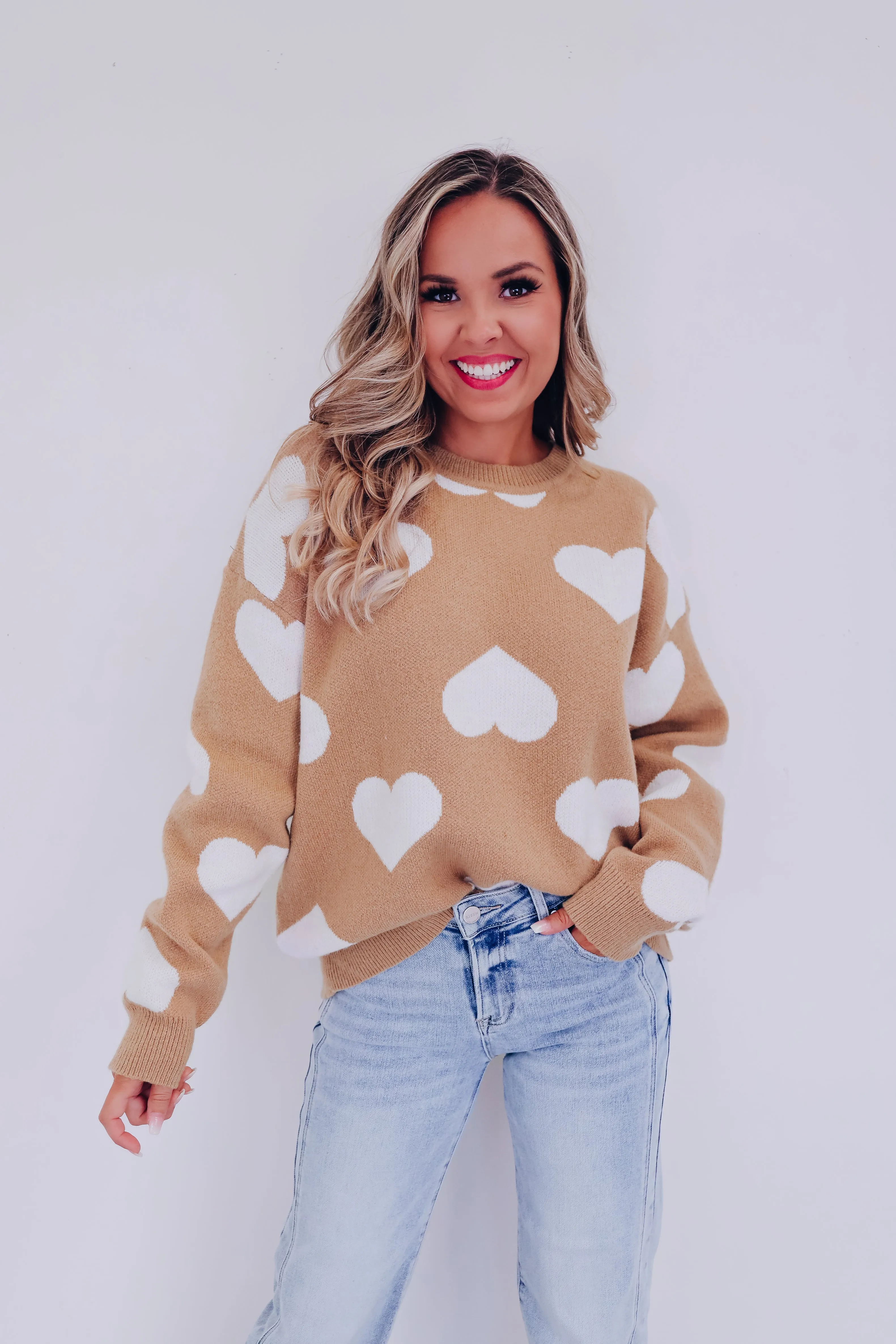 Harmony Heart Print Sweater - Taupe/White