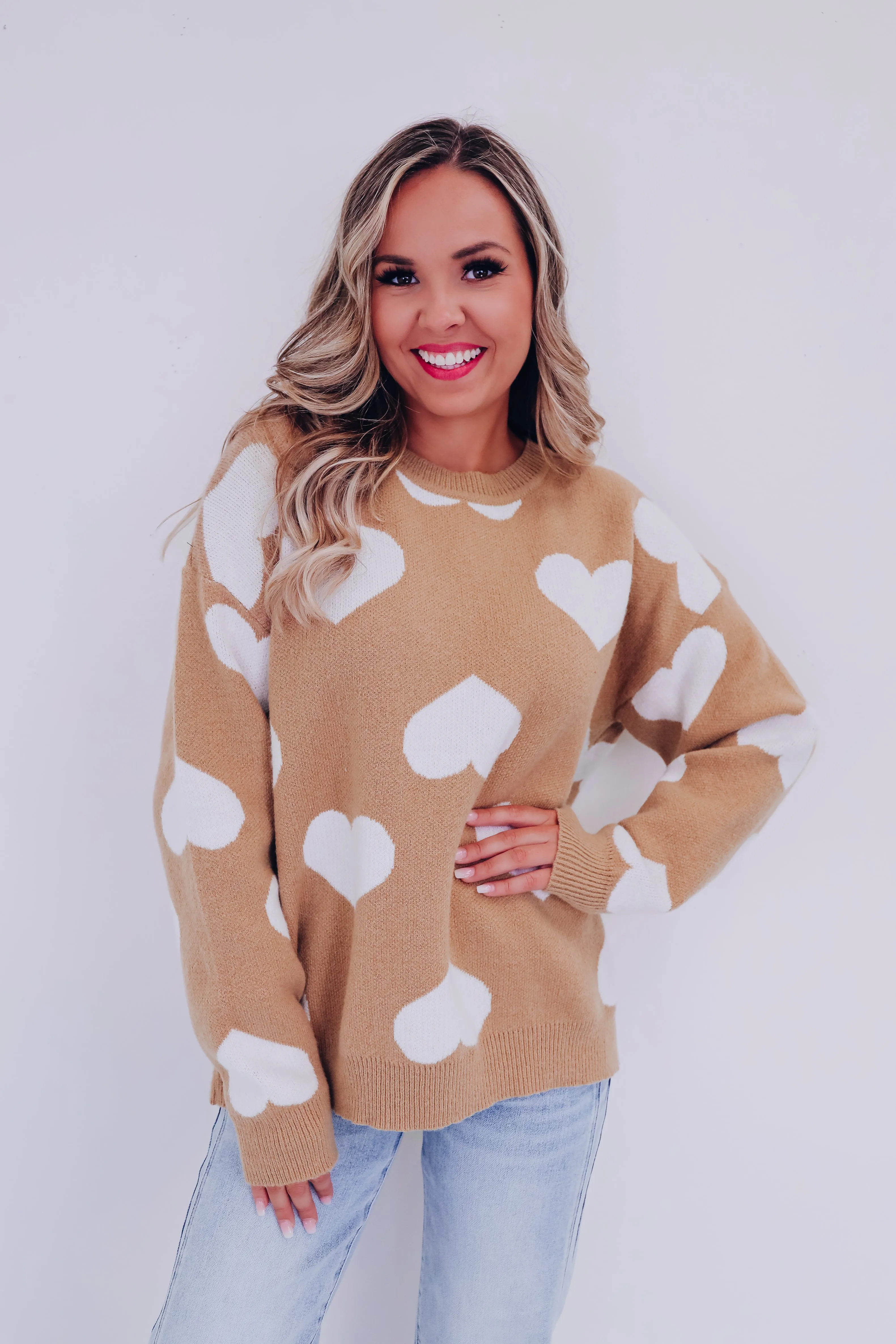 Harmony Heart Print Sweater - Taupe/White