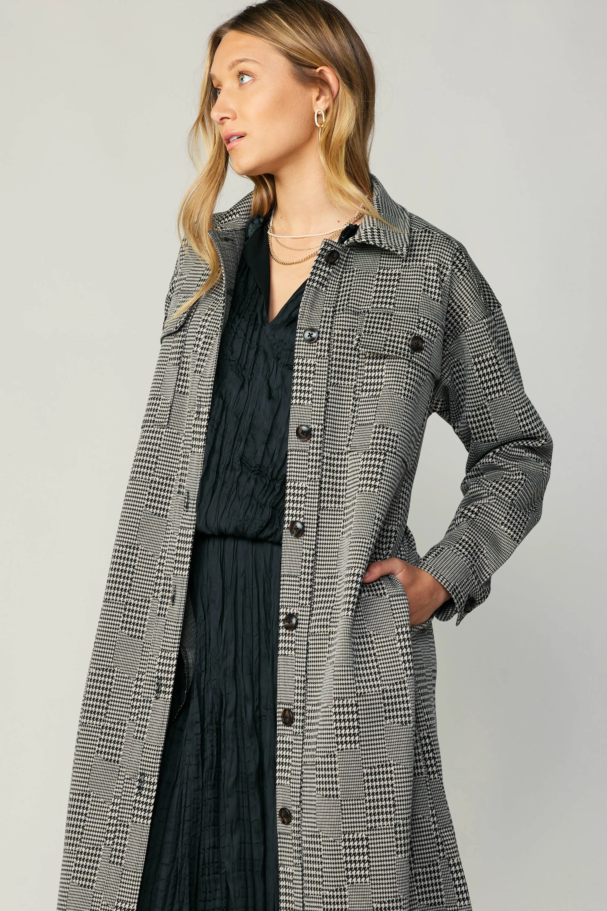 Houndstooth Long Shacket Coat