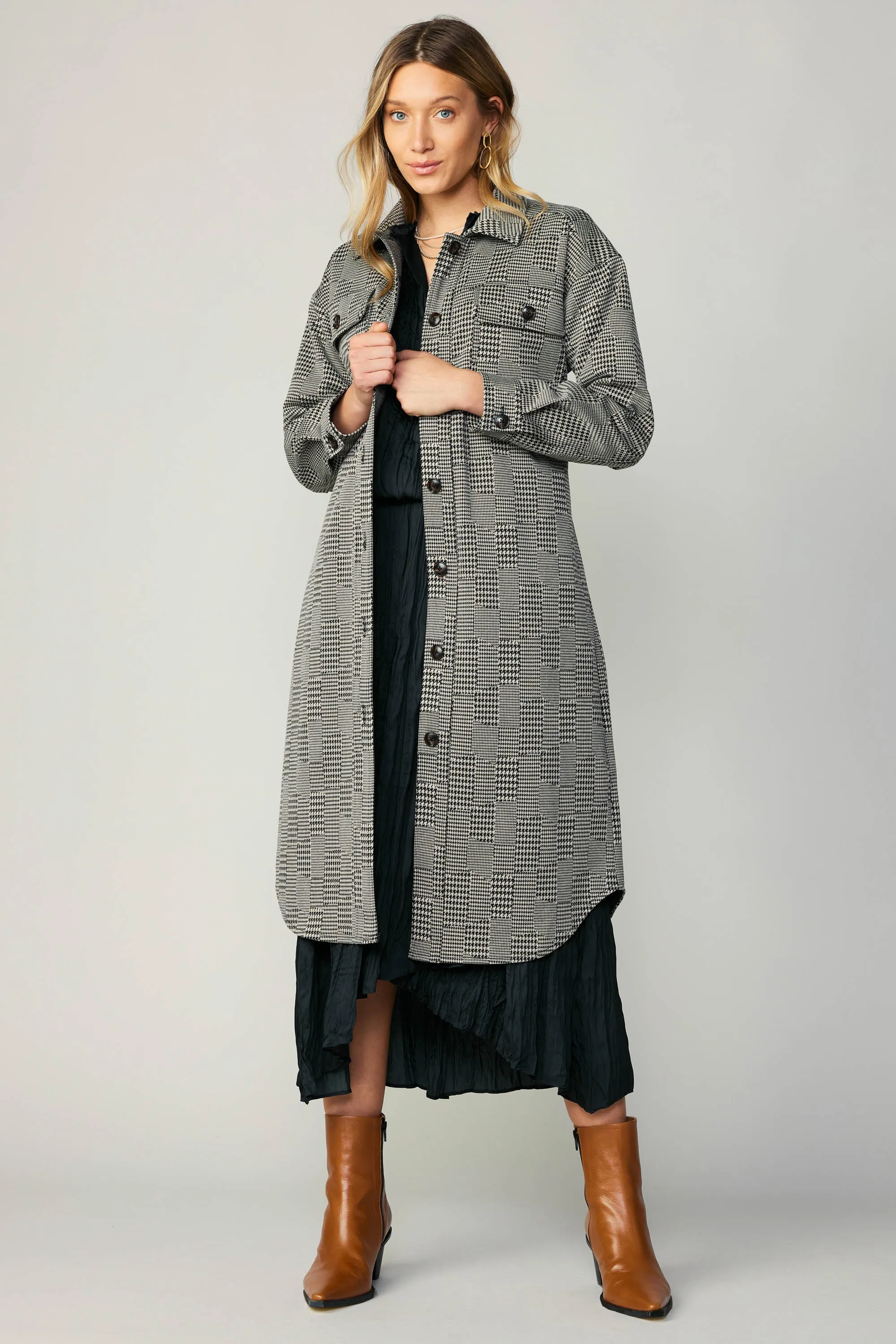 Houndstooth Long Shacket Coat