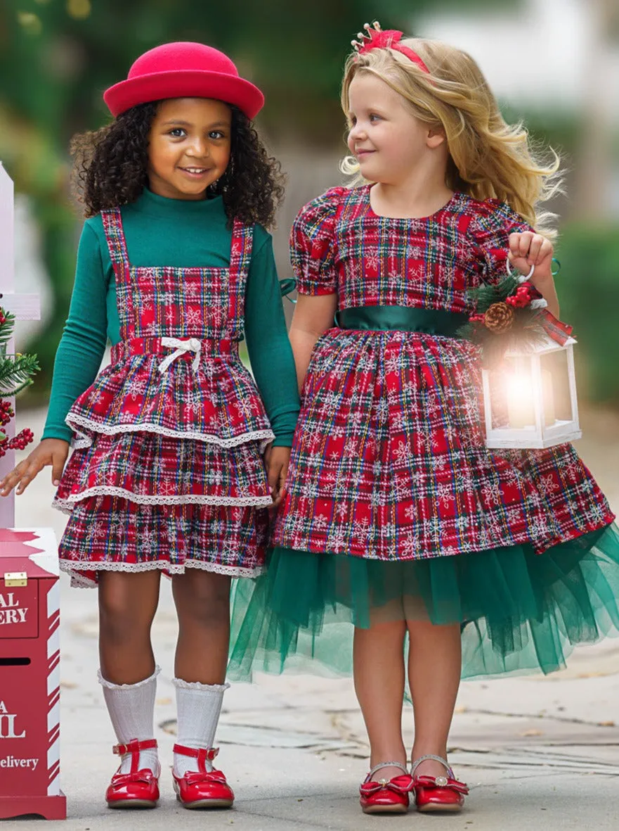 Jingle Belle Chic Turtleneck Top and Plaid Overall Dress