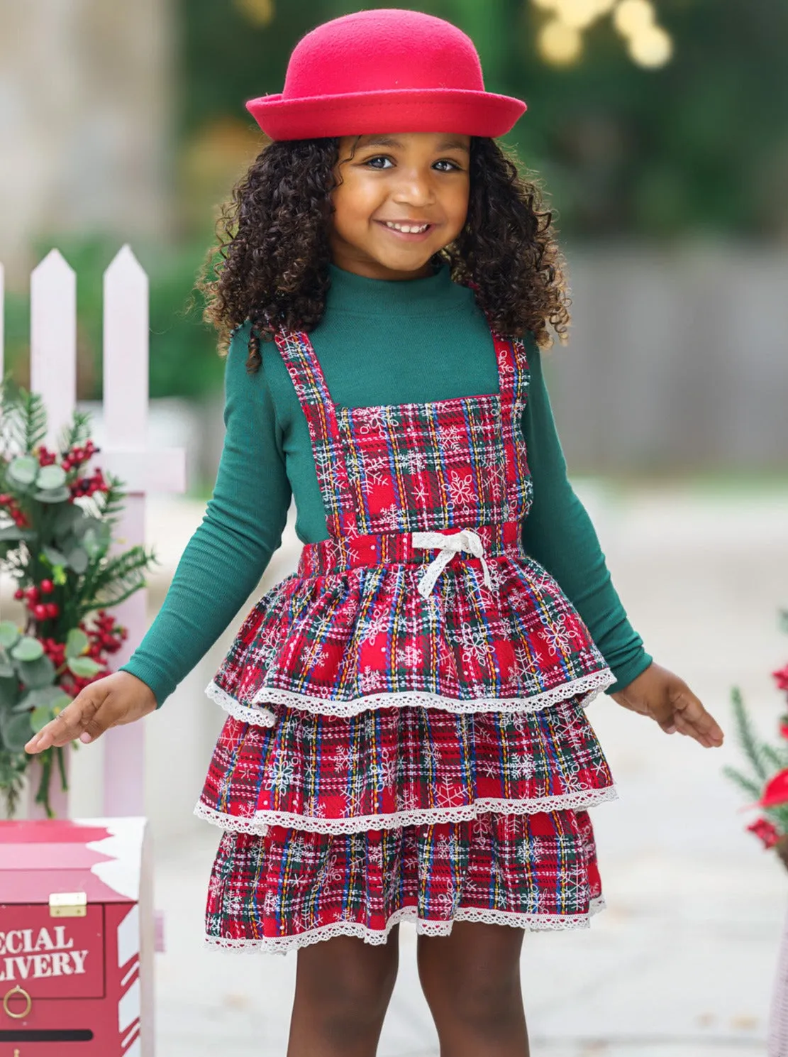 Jingle Belle Chic Turtleneck Top and Plaid Overall Dress