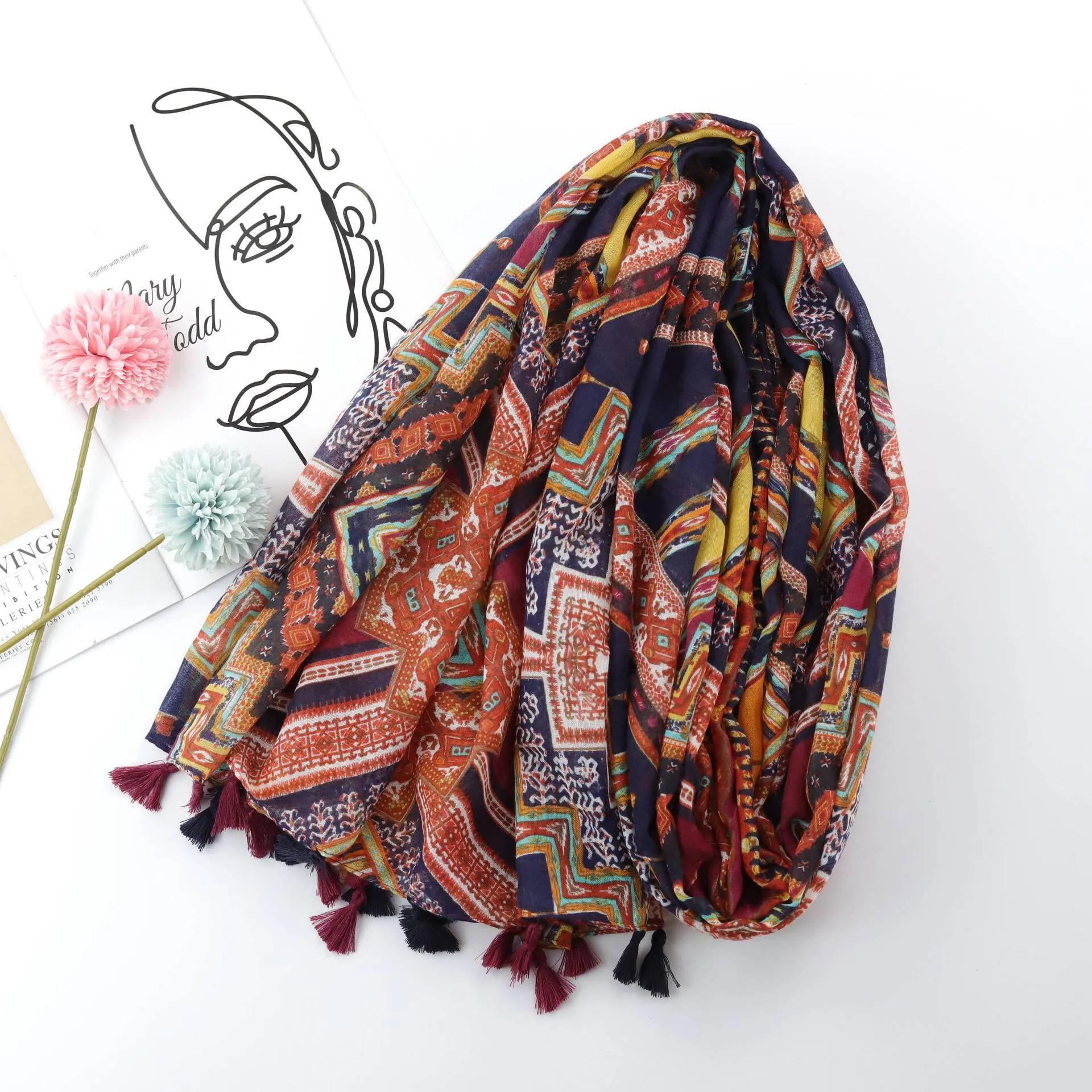 JY220306 Ethnic style totem printed scarf