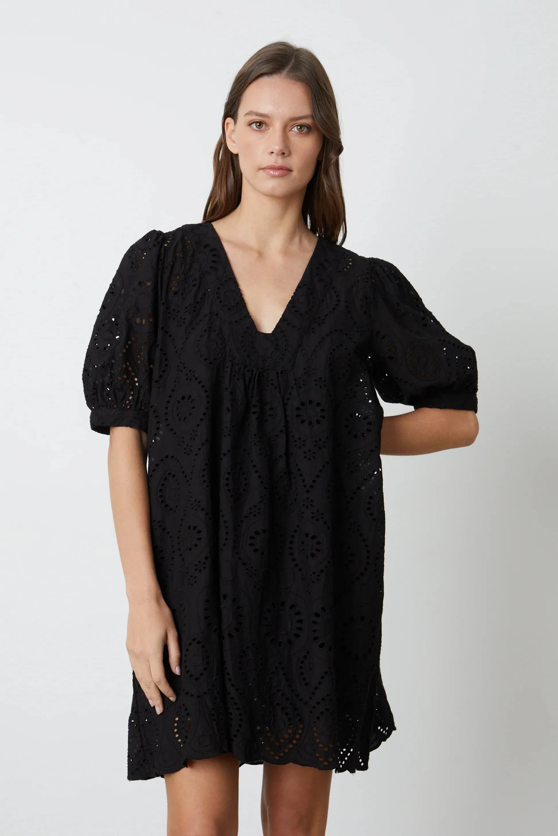 KENNIE 3/4 Sleeve Eyelet Dress in Black