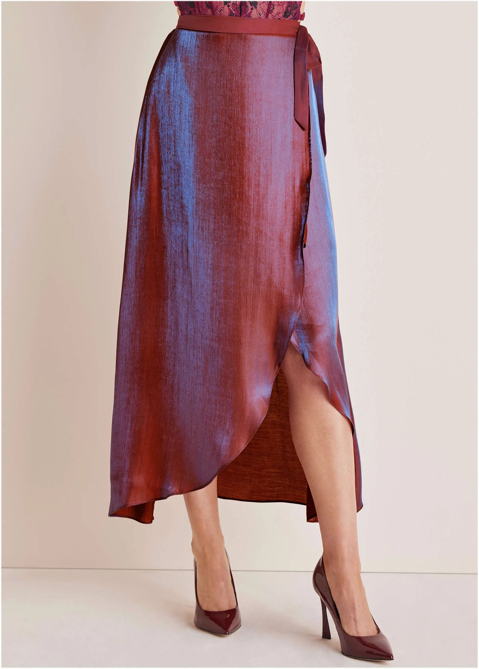 Lamé Wrap Maxi Skirt - Burgundy Lame