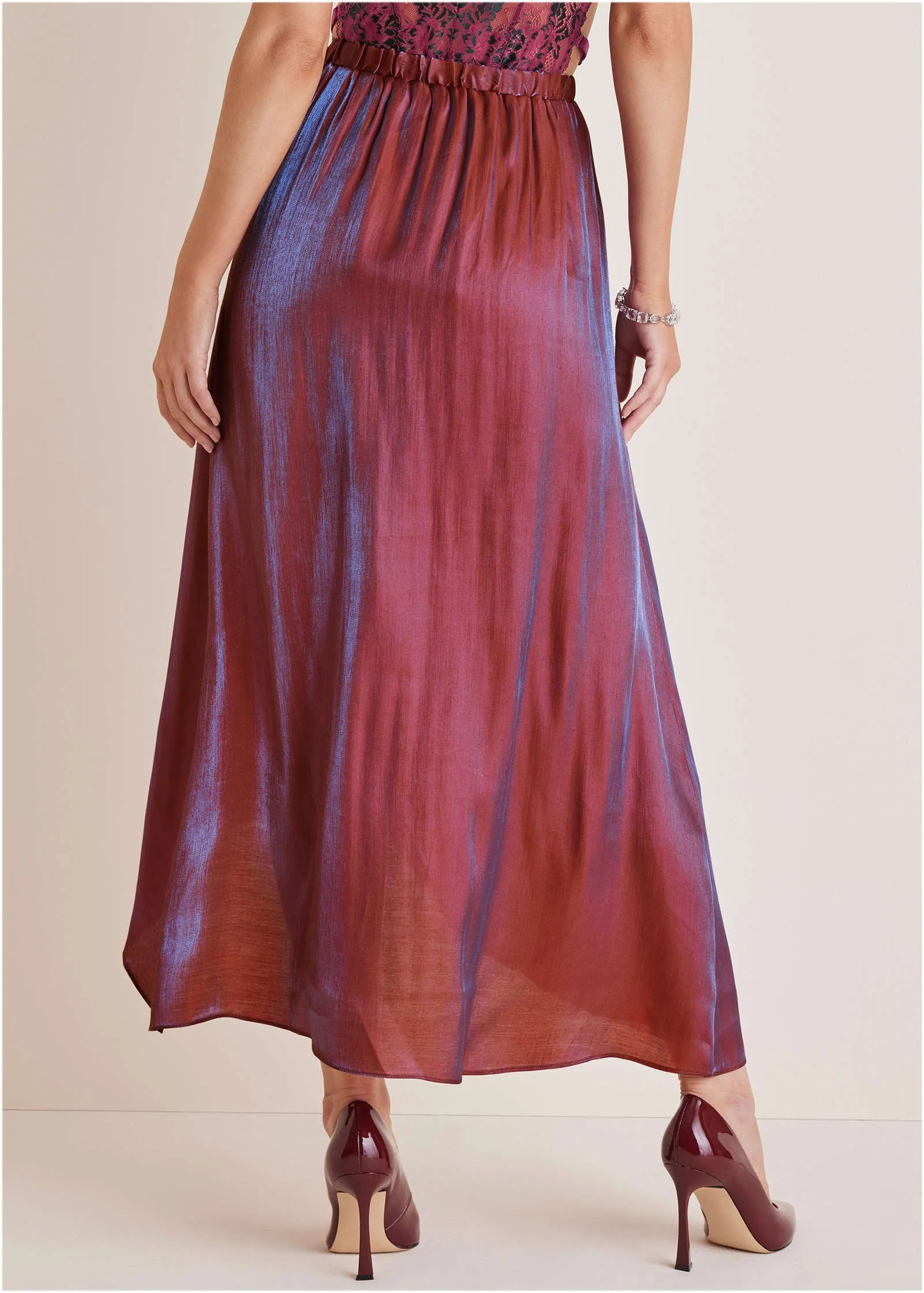 Lamé Wrap Maxi Skirt - Burgundy Lame