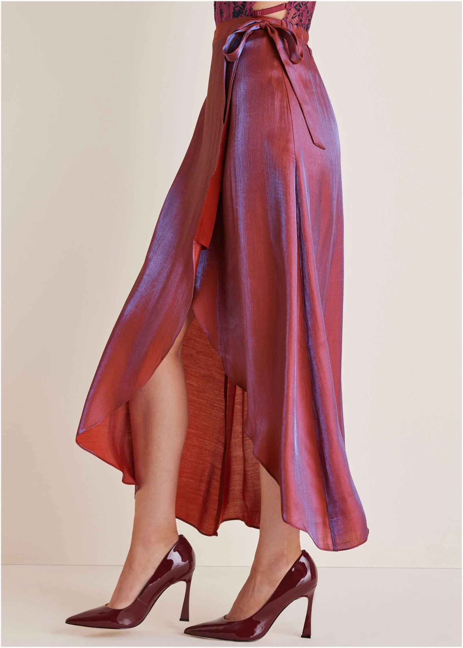 Lamé Wrap Maxi Skirt - Burgundy Lame