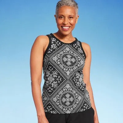 Lands' End Women's UPF 50 Bandana Print High Neck Tankini Top - Black XL