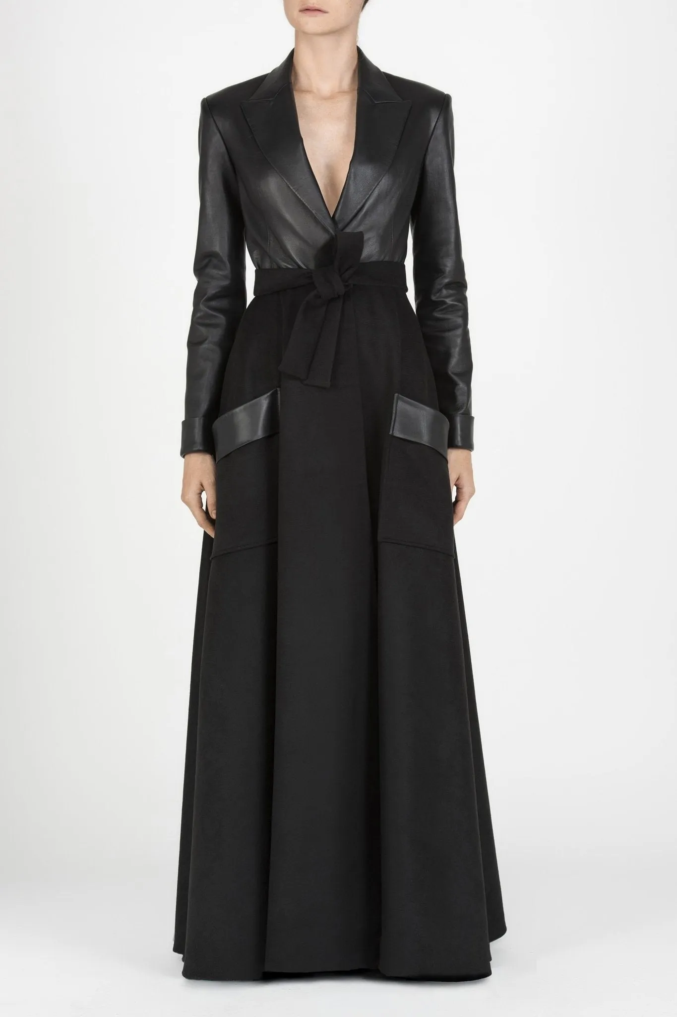 Leather and Wool-Blend Maxi Coat