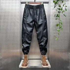 Men's Hip Hop Harem Pants Joggers PU Stitching Pants Elastic Waist Baggy Drop Crotch Sweatpants