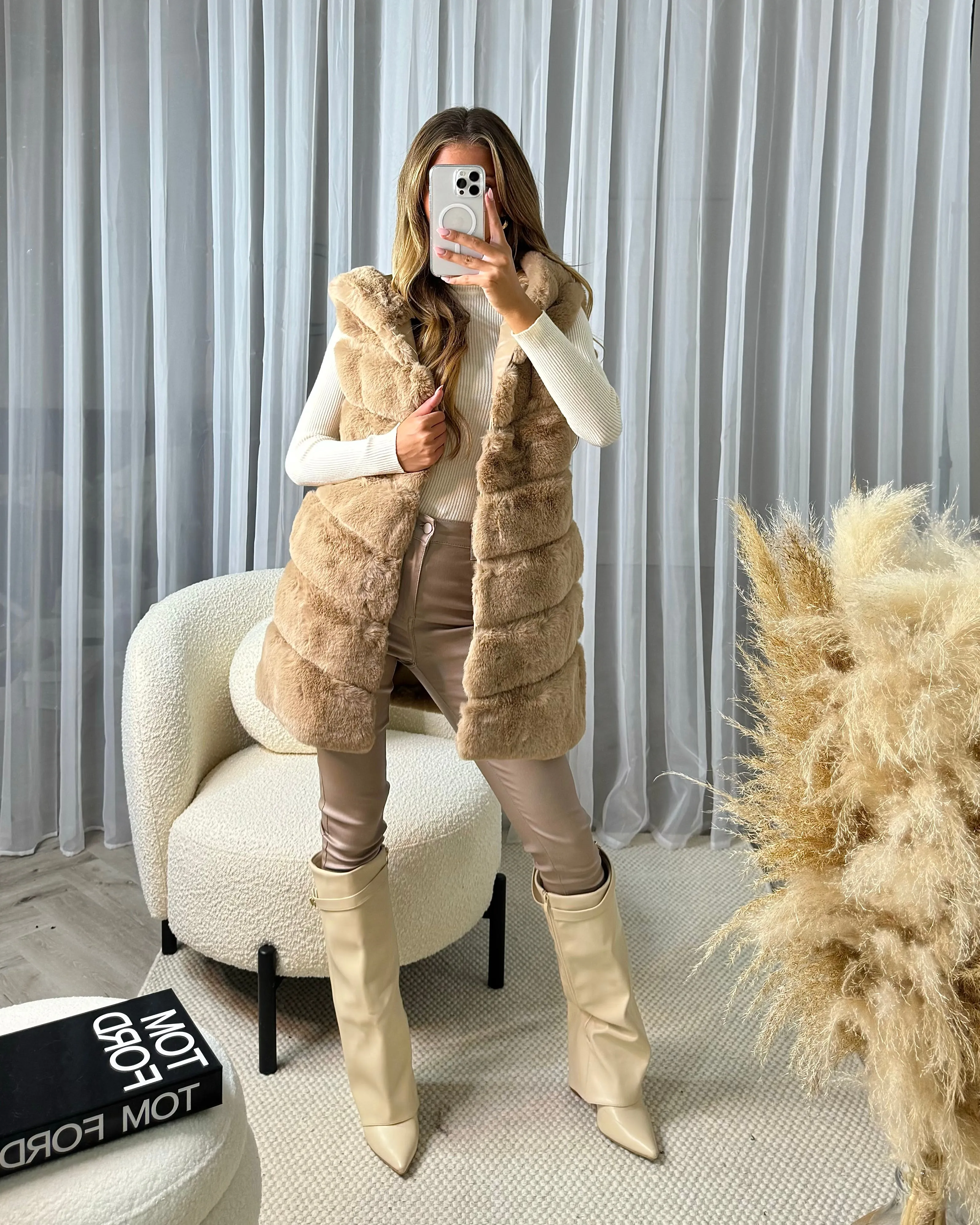 Naomi Faux Fur Gilet with Hood - Camel