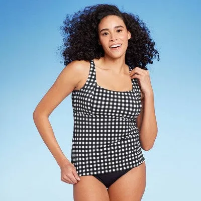 New - Lands' End Women's Underwire Square Neck Tankini Tank Top Swimsuit Black/White 4