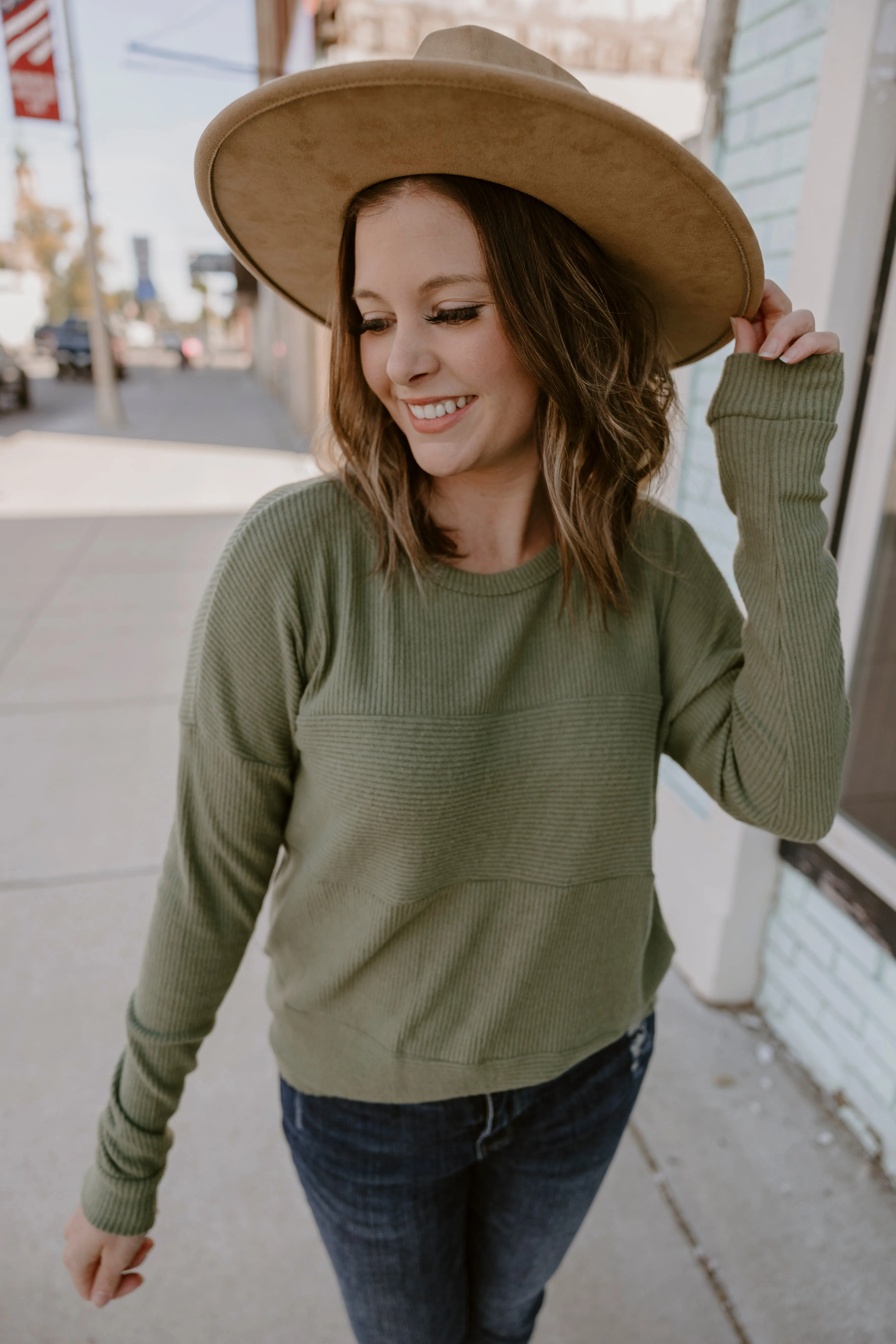 Olive Brushed Rib Long Sleeve Top