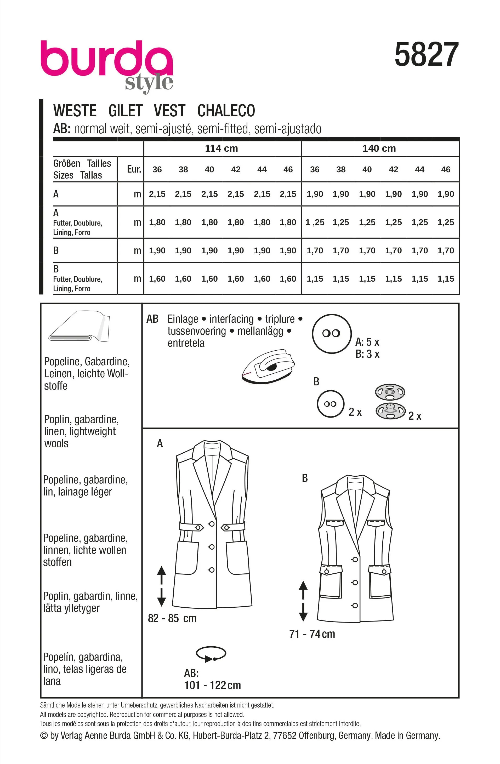 Patron Burda n°5827 : Veste