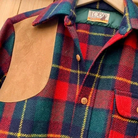 PENDLETON LOBO Vintage Wool Plaid Suede Patch Button Down Shirt Jacket Shacket