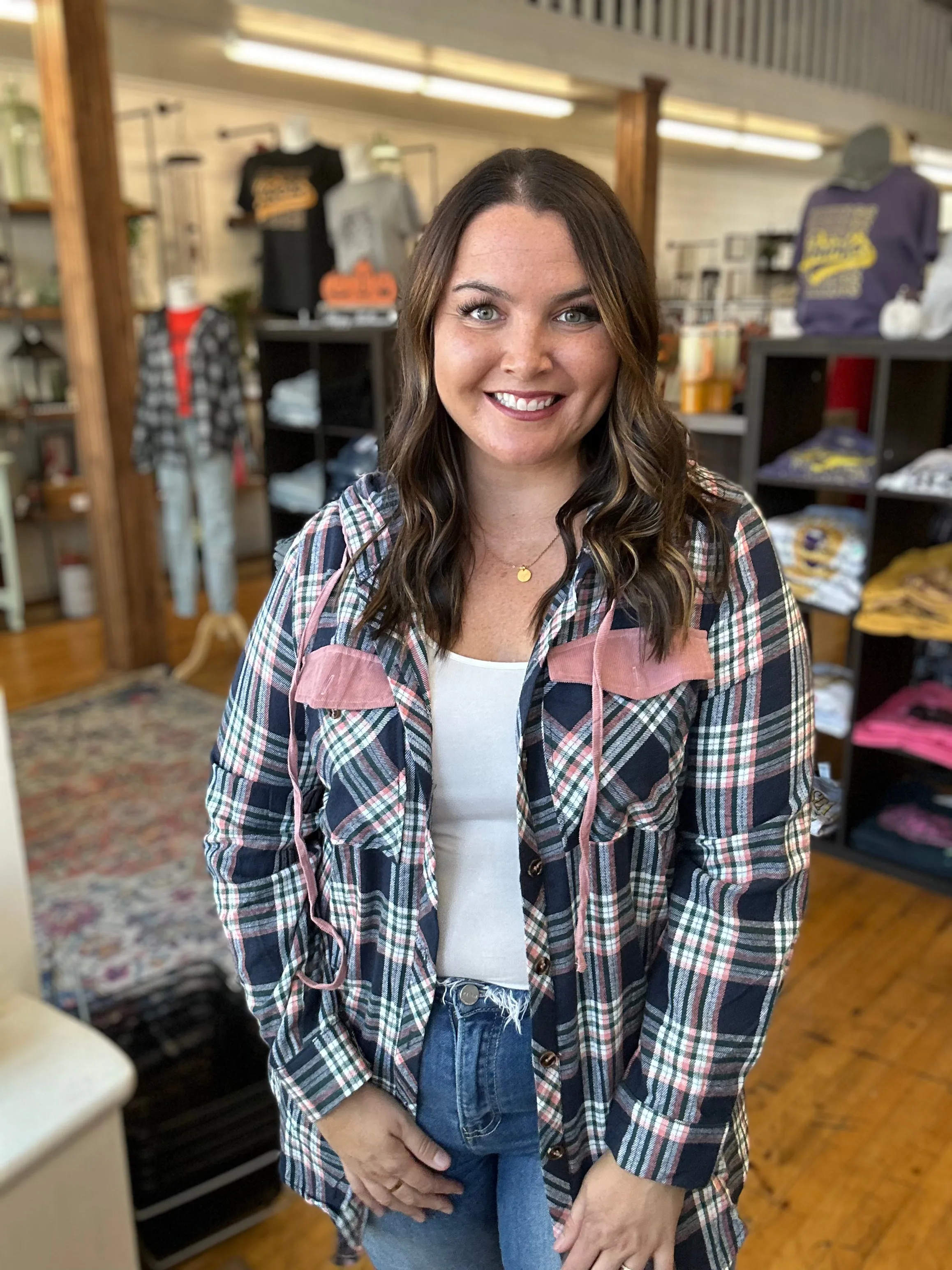 Pink Plaid Corduroy Hooded Top