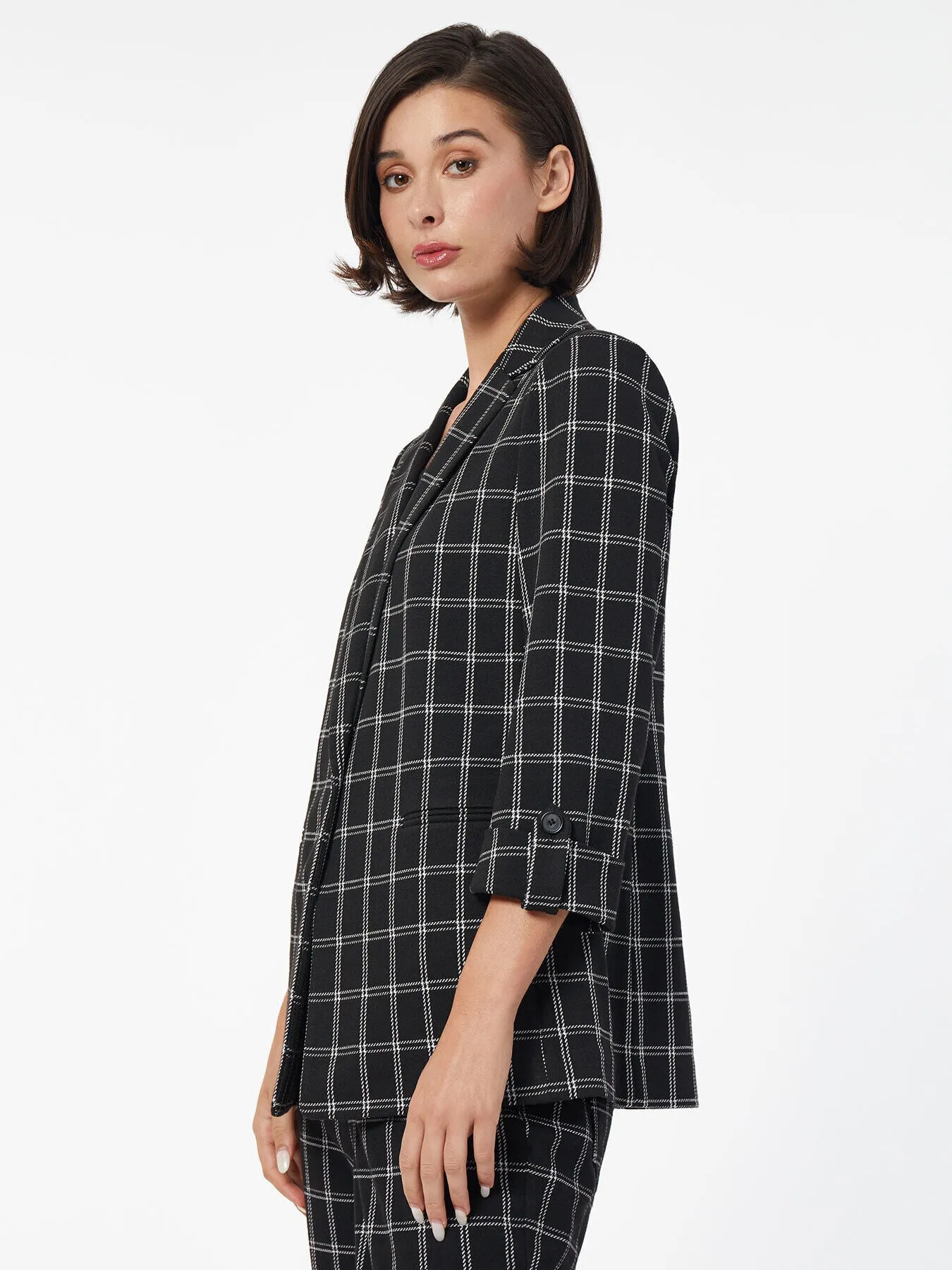 Ponte Plaid Wing Collar Rolled Tab Blazer