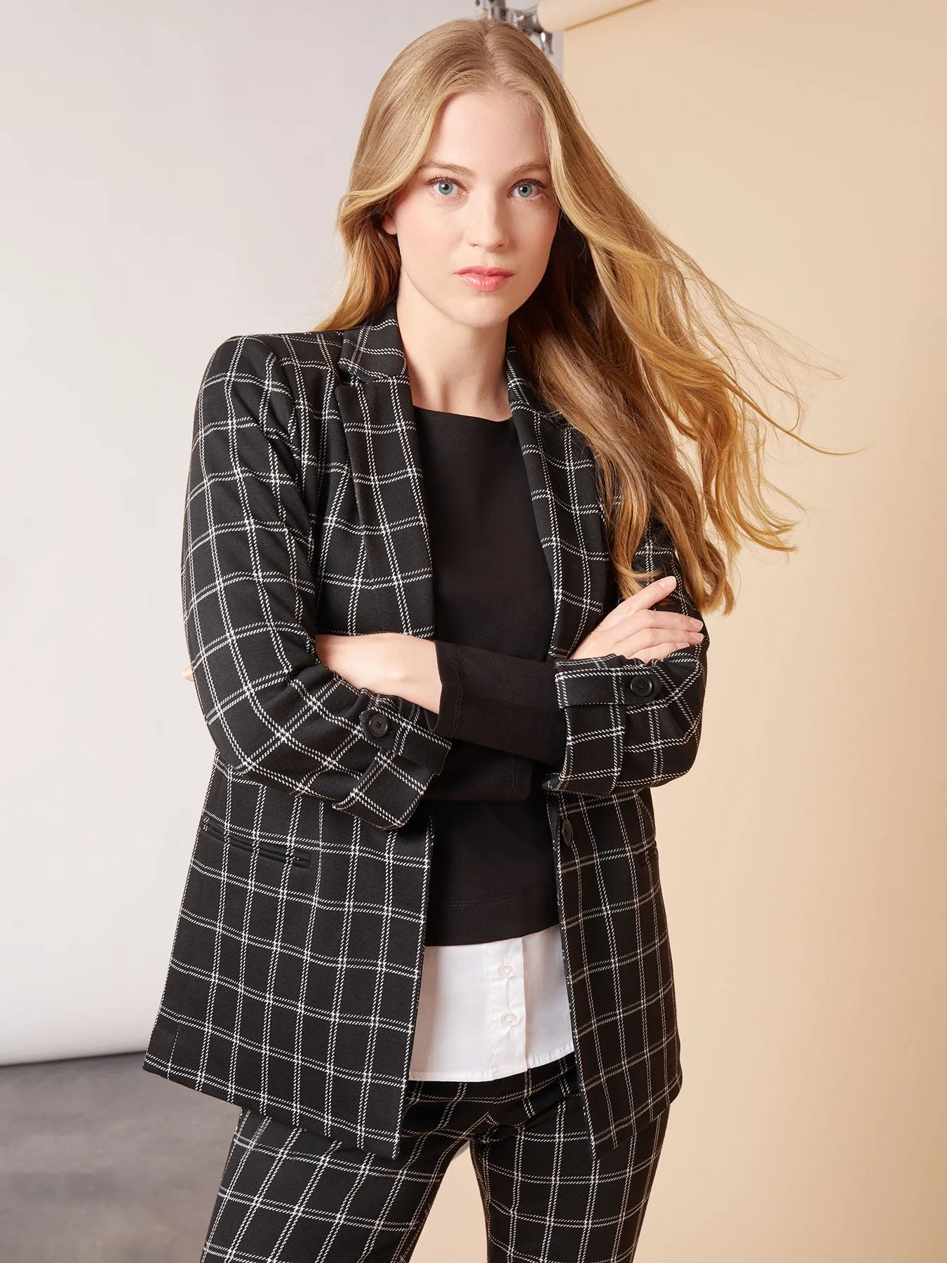 Ponte Plaid Wing Collar Rolled Tab Blazer