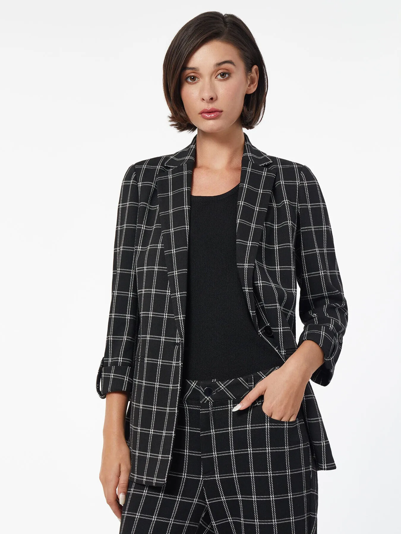 Ponte Plaid Wing Collar Rolled Tab Blazer