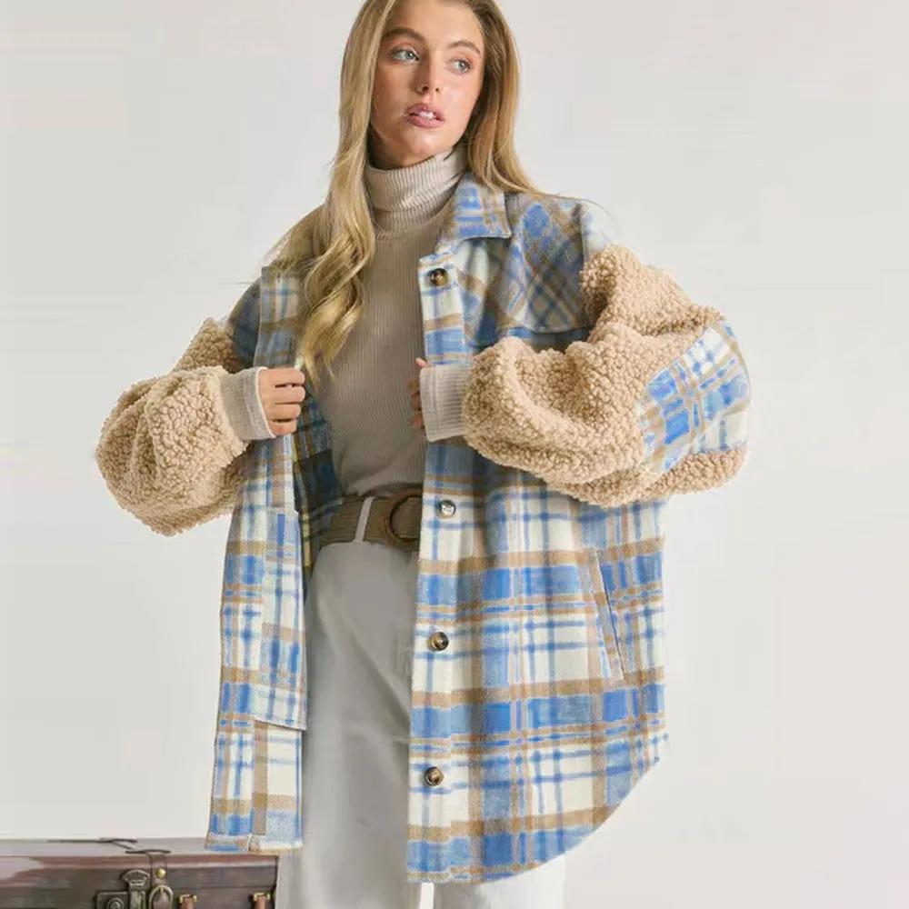 Popular Contrast Color Check Jacket Autumn Winter Thickening Plaid Stitching Lamb Wool Coat