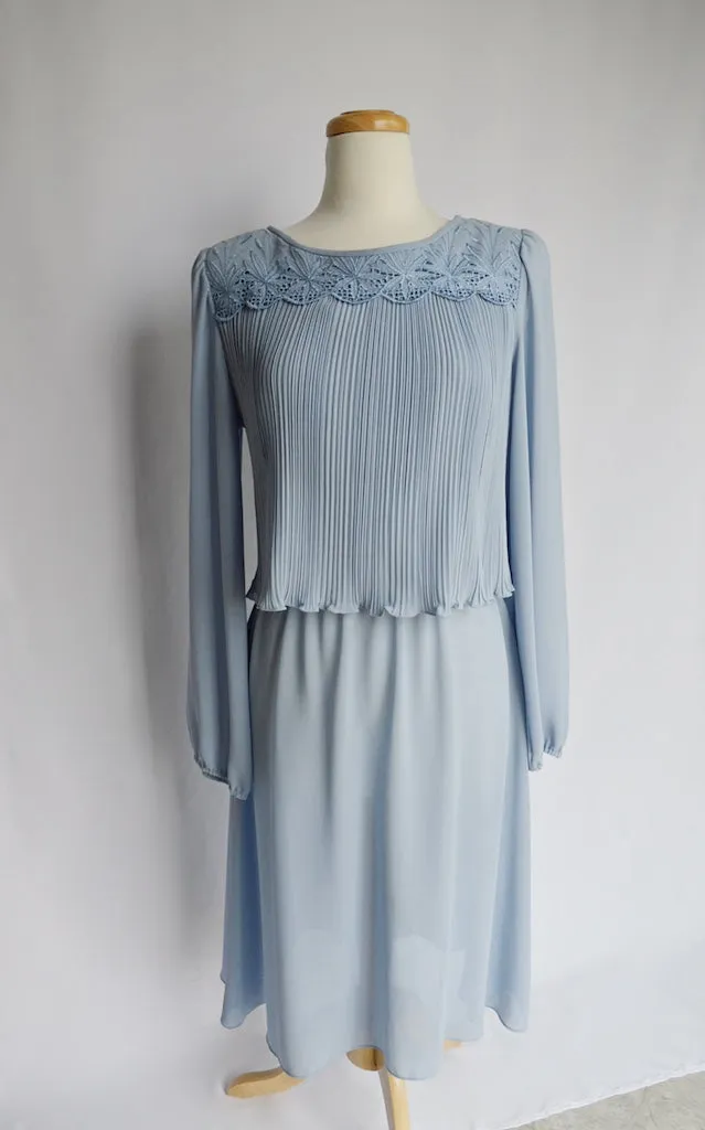 Powder Blue Ruffle Dress with Lace Embroidered Collar | S-M