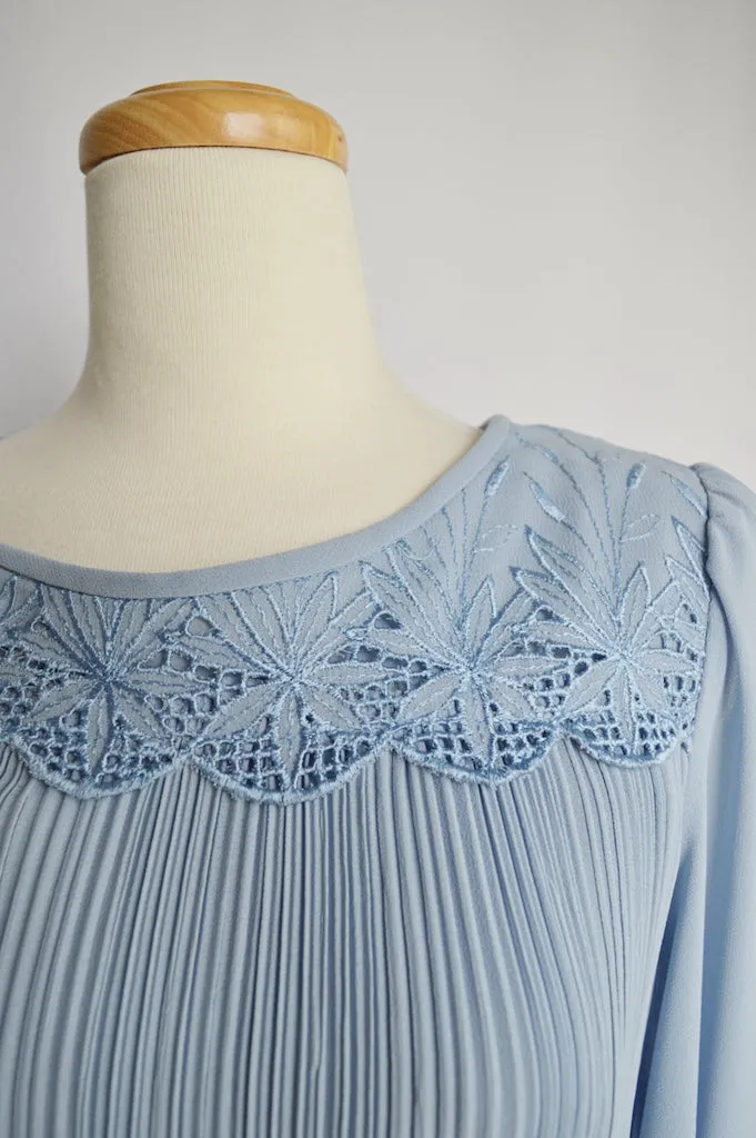 Powder Blue Ruffle Dress with Lace Embroidered Collar | S-M