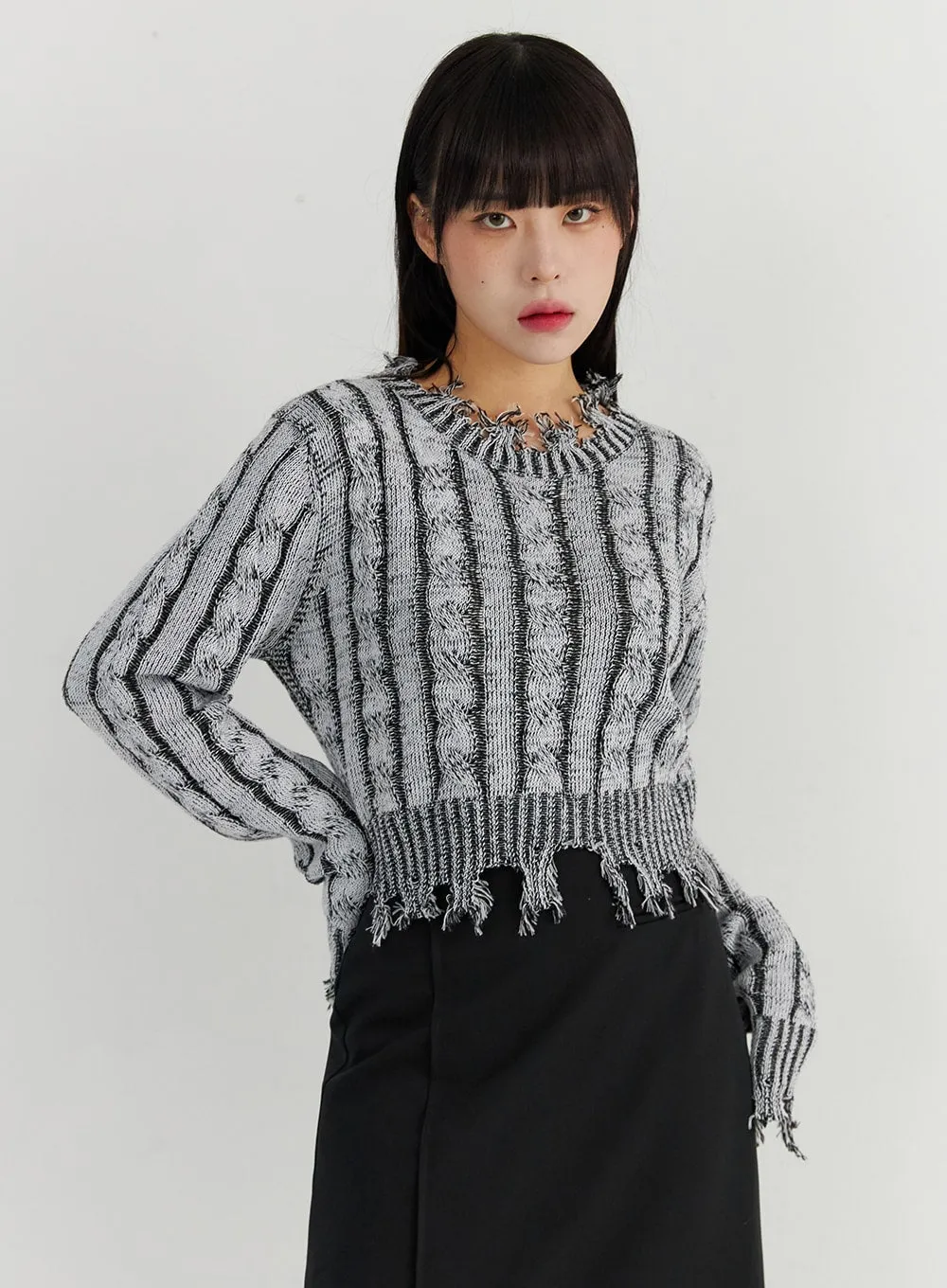 Raw Hem Cable Stripe Sweater CO323