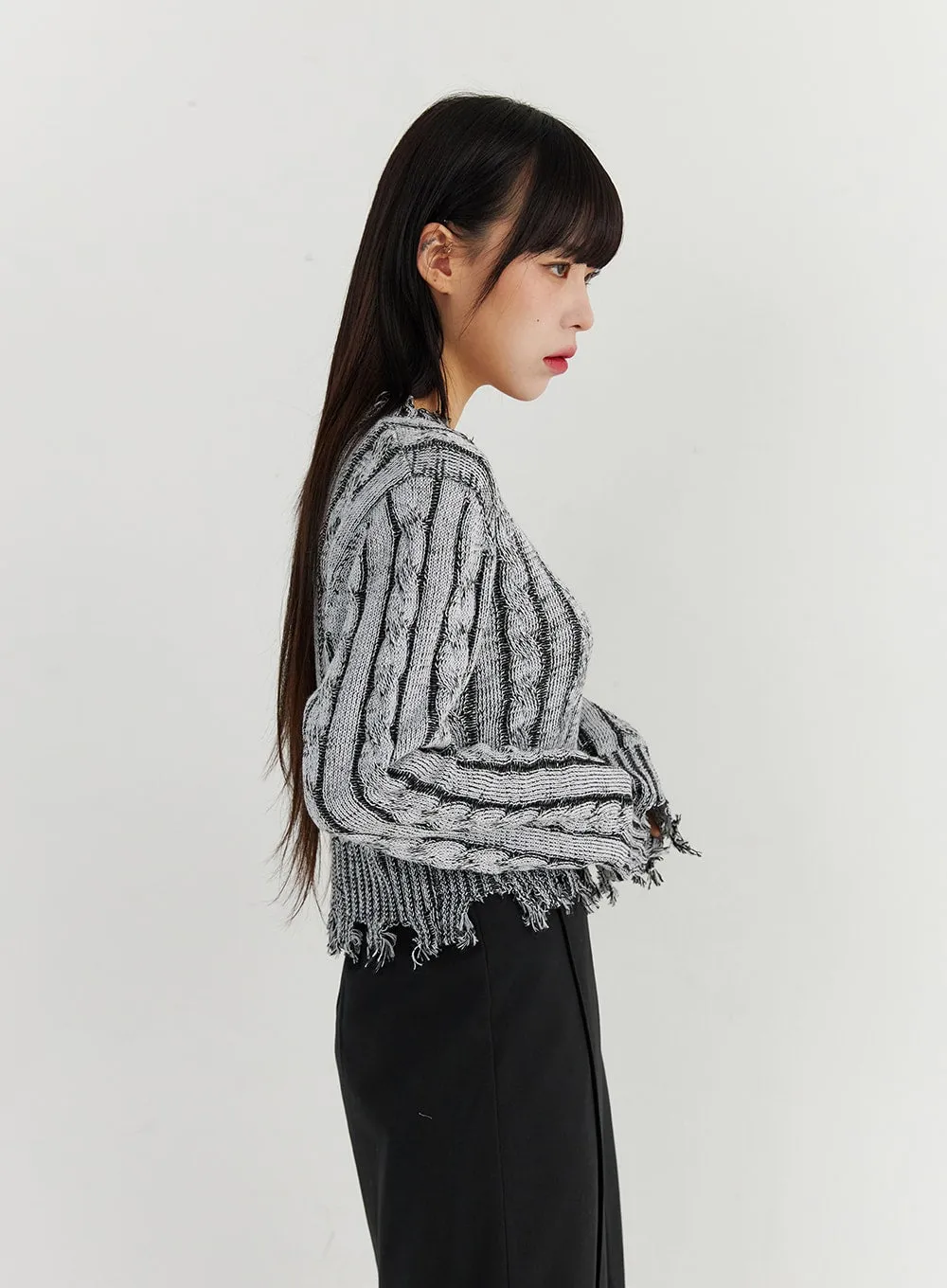 Raw Hem Cable Stripe Sweater CO323