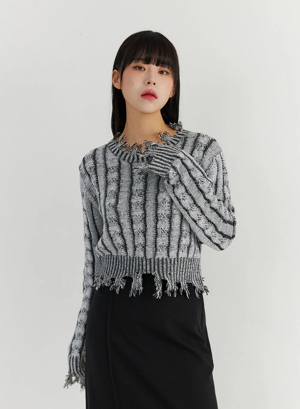 Raw Hem Cable Stripe Sweater CO323